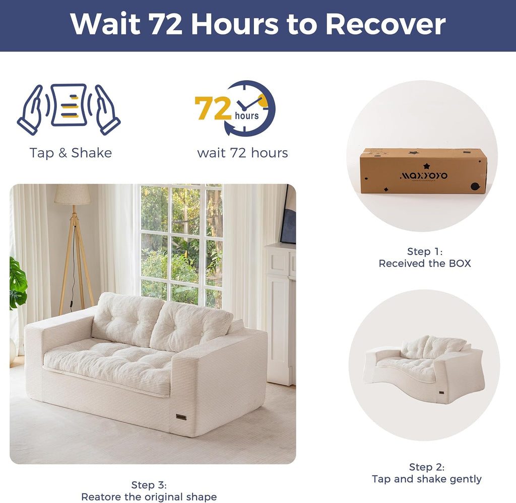 MAXYOYO 63' Loveseat Sofa Couch for Small Spaces, Upholstered Boneless Cloud Couch for Apartment Bedroom, 2-Seater Love Seat Floor Modern Sofa with Pillows, No Assembly Required, Beige