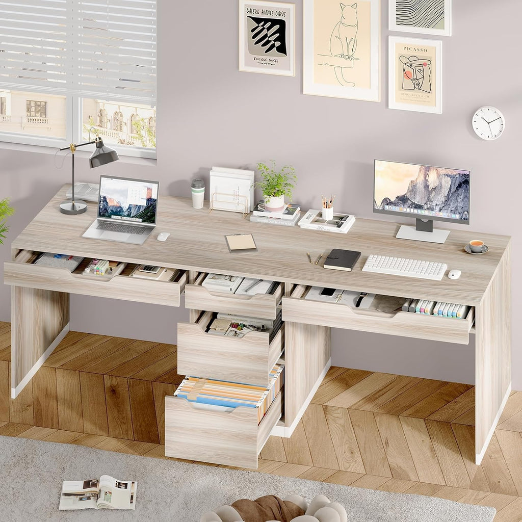 MaverickFurni Two Person Desk with 5 Drawers, Double Desk with Storage for 2 People, 78 Inch Extra Long Computer Desk Workstation with File Drawer for Home Office, White and Walnut