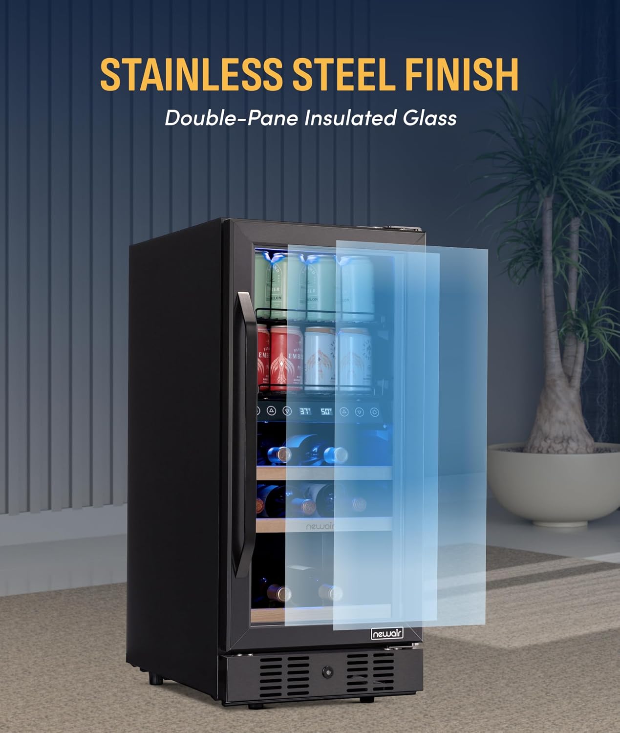 NewAir 15' Wine and Beverage Refrigerator 9 Bottle and 48 Can Capacity, Beverage Cooler in Stainless Steel, Built-in or Freestanding Dual Zone Drink Fridge with Triple-Pane Glass Door