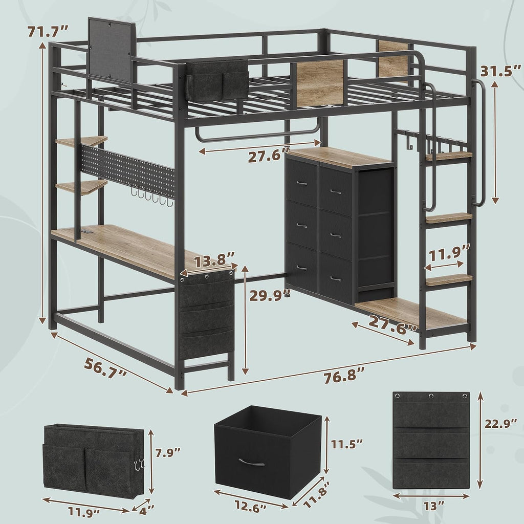 Dnxao Full Size Loft Bed with Desk, Heavy Duty Metal Bed Frame for Teens Adults, 6 Storage Drawers, Power Outlet with Type-C, LED Lights, Integrated Study Workstation for Small Room,Oak Gray