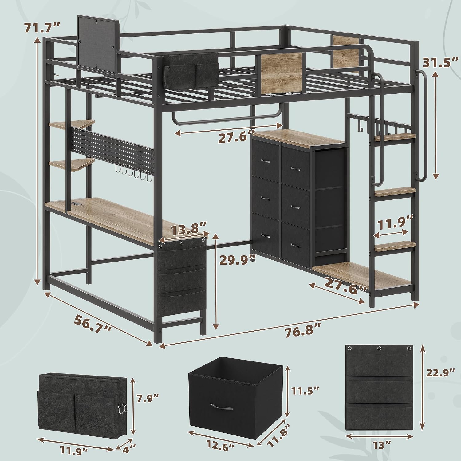 Dnxao Full Size Loft Bed with Desk, Heavy Duty Metal Bed Frame for Teens Adults, 6 Storage Drawers, Power Outlet with Type-C, LED Lights, Integrated Study Workstation for Small Room,Oak Gray