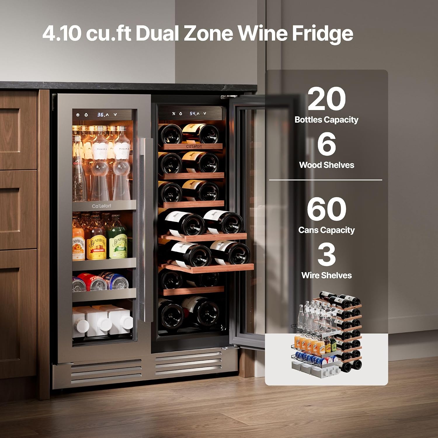 Ca'Lefort 24 Inch Wine and Beverage Refrigerator, 60 Cans 20 Bottles Dual Zone Cooler with Glass Door, 3 LED Built-in Compressor Fridge with Adjustable Shelves for Home Office Bar (4.1 cu.ft)