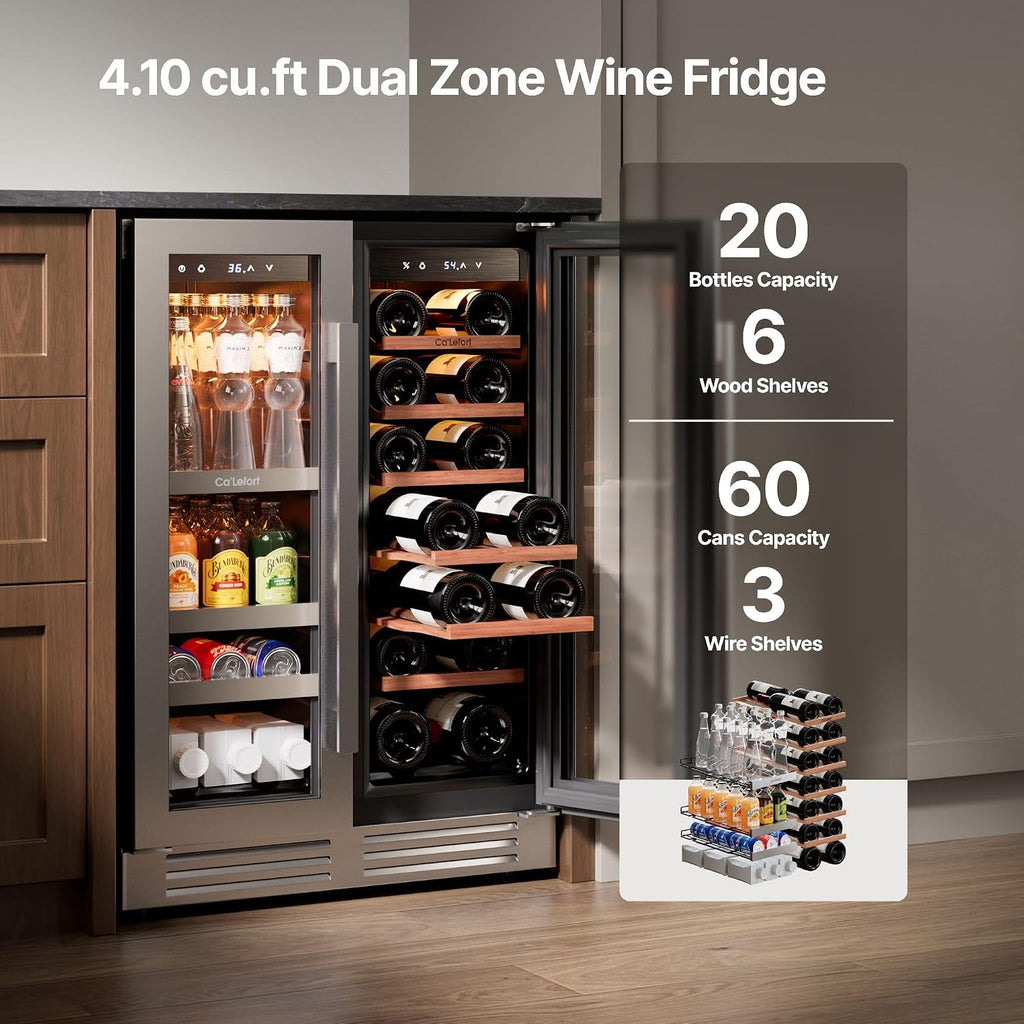 Ca'Lefort 24 Inch Wine and Beverage Refrigerator, Dual Zone Wine Cooler with Glass Door, Holds 60 Cans 20 Bottles, 3 Color LED Built-in or Under Counter Wine Fridge for Kitchen Home Bar