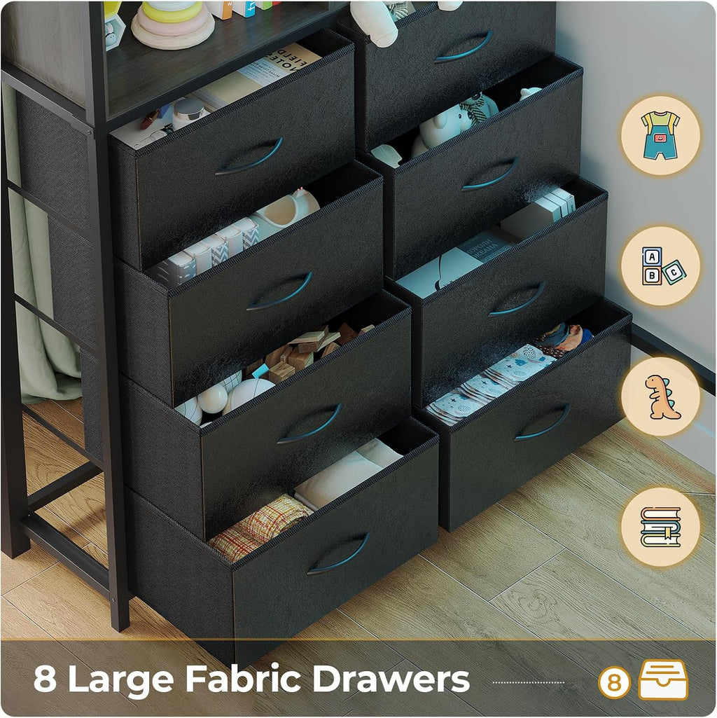 ADORNEVE Twin Size Loft Bed with Desk and 8 Storage Drawers, Metal Loft Bed Twin with LED Lights & Charging Sation, Storage Shelves, 13.1' H Safety Guard & Ladder, No Box Spring Needed, Grey
