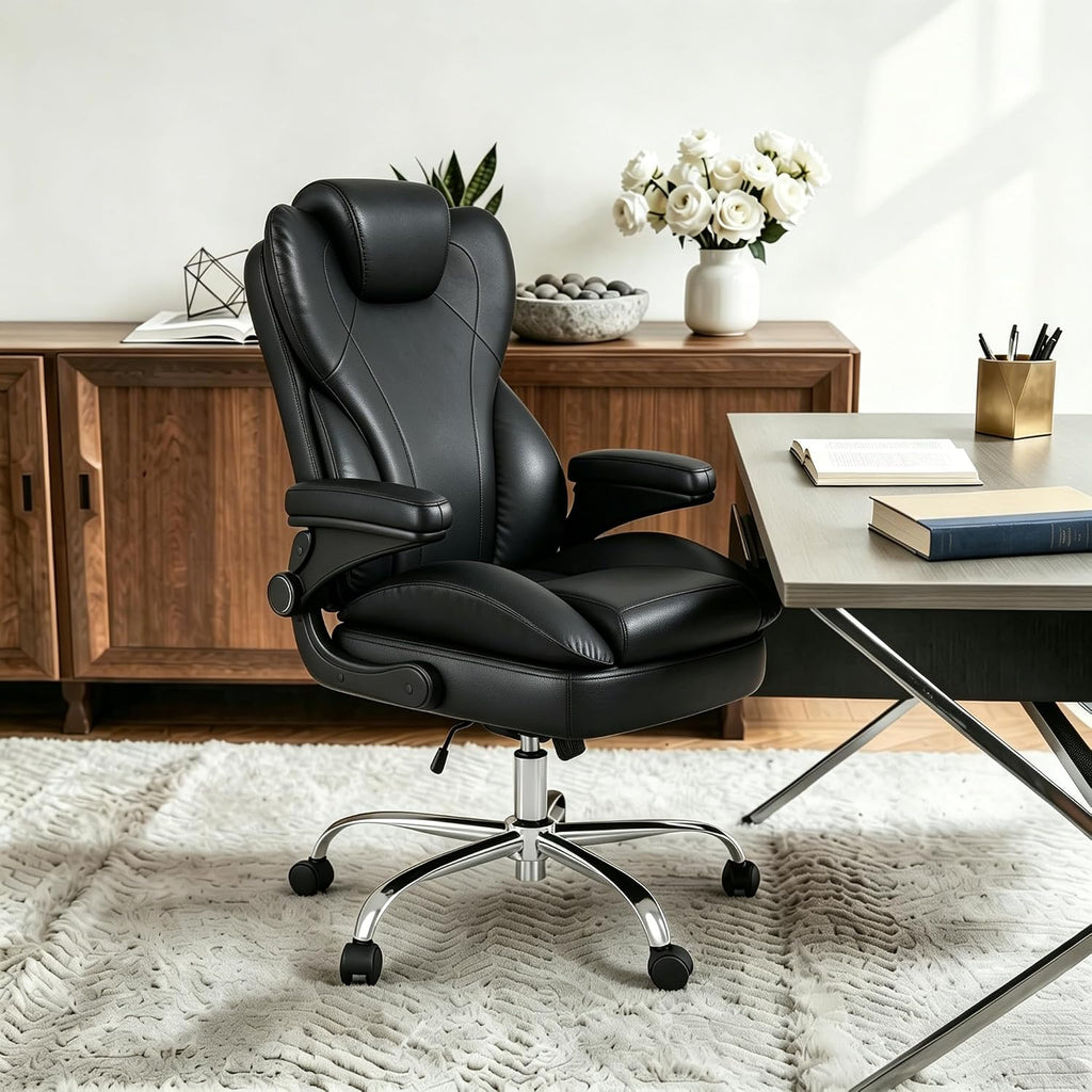 Office Desk Chair, Executive Leather Office Chair, High Back Ergonomic Home Desk Chair with Padded Flip-up Arms, Big and Tall Computer Chair with Rocking Function, 360°Swivel Free, Black