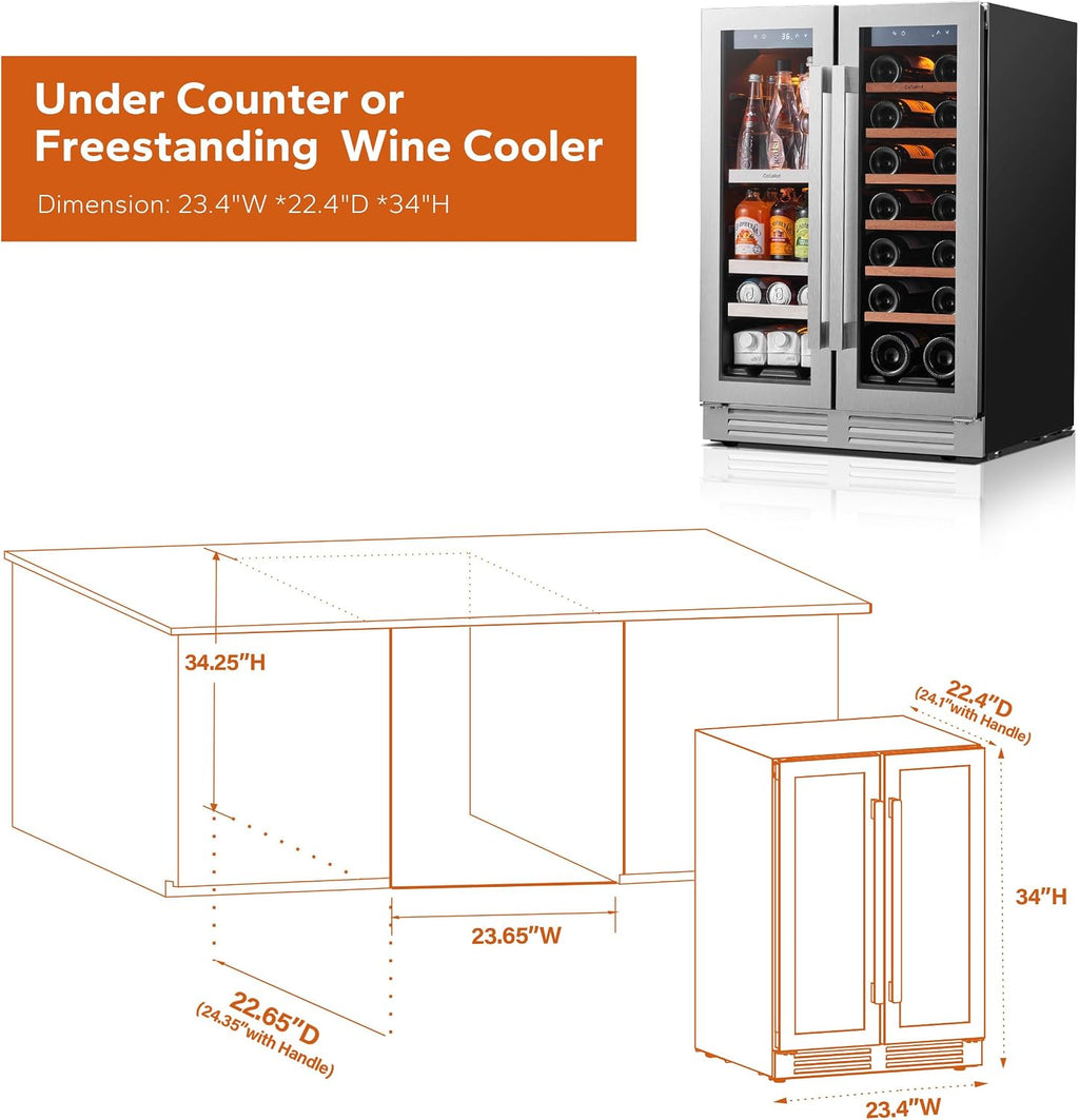 Ca'Lefort 24 Inch Panel Ready Wine and Beverage Refrigerator - 60 Can and 20 Bottle Wine Fridge Dual Zone 36-72°F Built in Cooler, 4.10 cu.ft Refrigerator Perfect for Home/Kitchen(Panels Not Included)