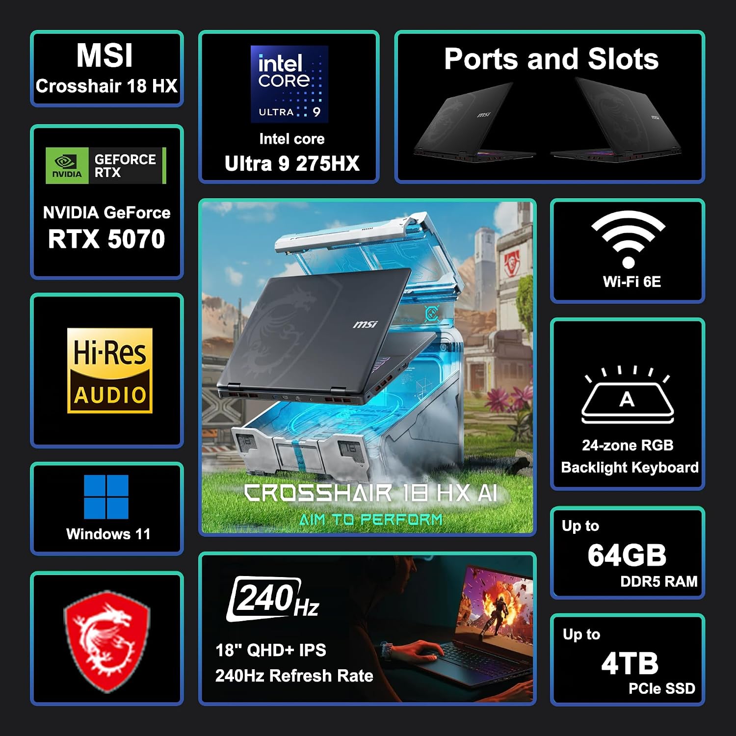 MSI Crosshair 18 HX AI Gaming Laptop 18' QHD+ 240Hz (100% DCI-P3) Intel 24-core Ultra 9 275HX (>i9-14900HX) 32GB DDR5 4TB SSD GeForce RTX 5070 (Up to 798 AI TOPS) RGB Backlit Thunderbolt Win11 ICP Hub