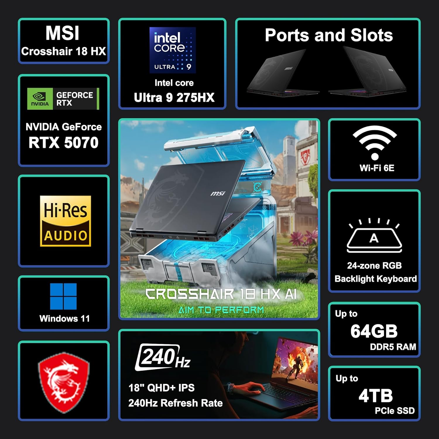 MSI Crosshair 18 HX AI Gaming Laptop 18' QHD+ 240Hz (100% DCI-P3) Intel 24-core Ultra 9 275HX (>i9-14900HX) 32GB DDR5 1TB SSD GeForce RTX 5070 (Up to 798 AI TOPS) RGB Backlit Thunderbolt Win11 ICP Hub