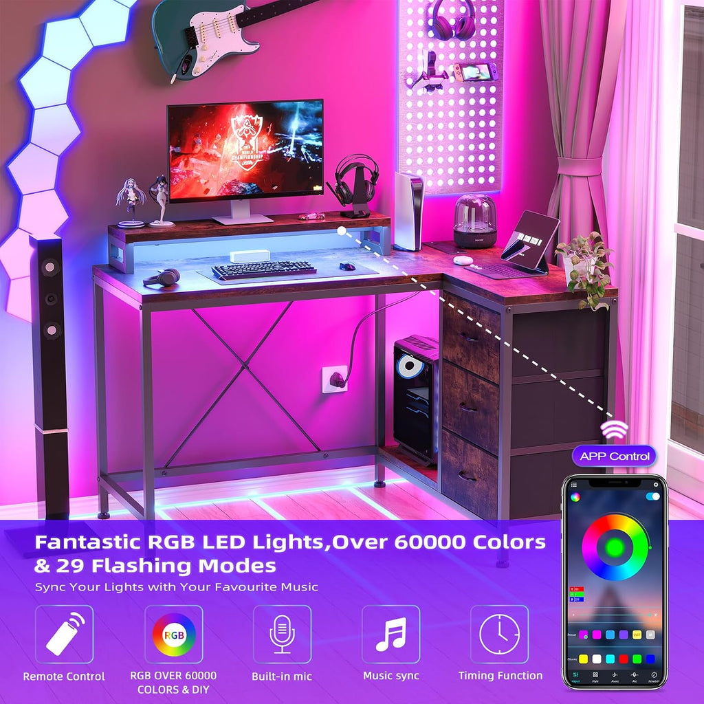 L Shaped Office Desk with Power Outlets, Computer Desk with Drawers, Shelves, for Gaming, Corner Work, Home Office, Study