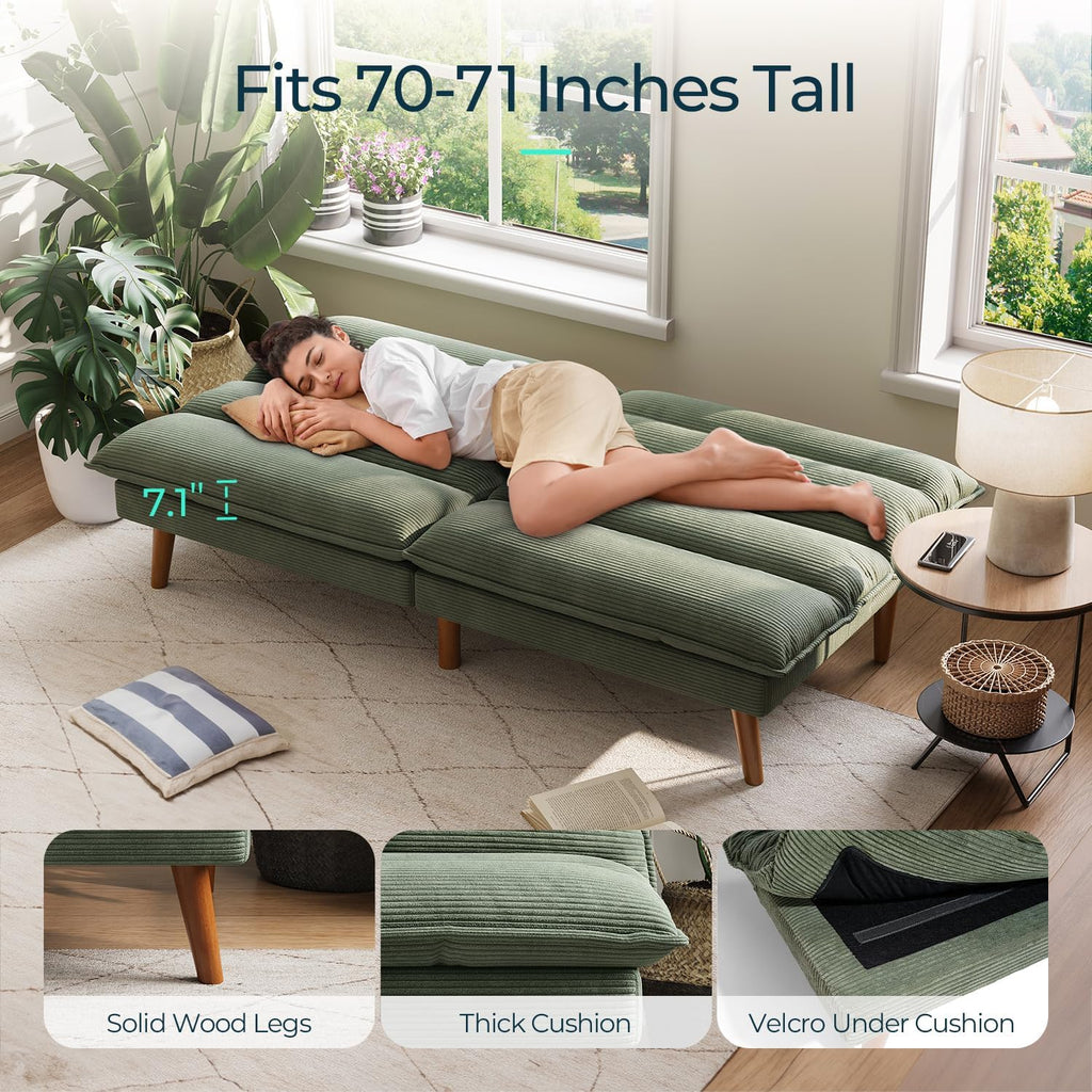 LINSY HOME Futon Sofa Bed - Convertible Corduroy Futon Couch Bed with Adjustable Backrest, Modern Small Loveseat Sleeper Sofa for Small Spaces, Living Room, Apartment or Office (Green)