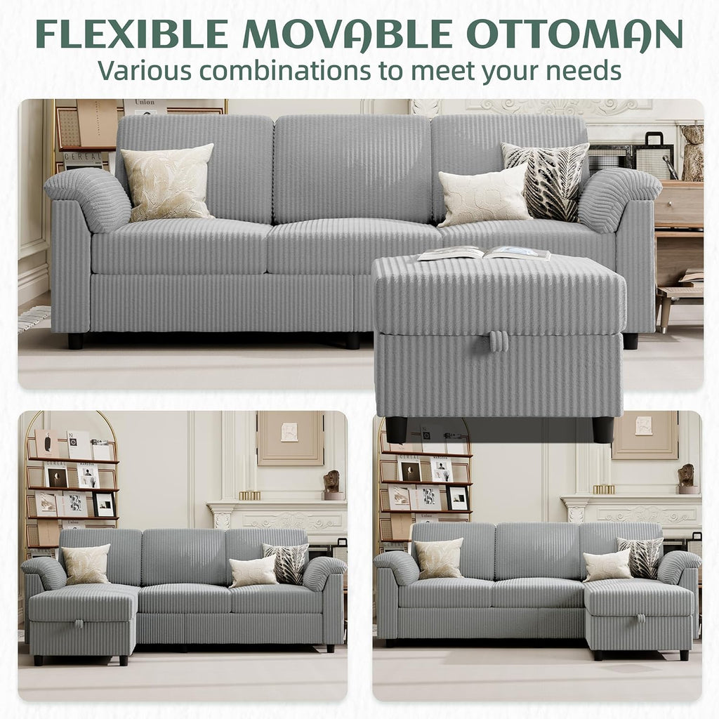 Vongrasig Convertible Sectional Couches Sofa, 3 Seat L Shaped Sofa with Removable Pillows Soft Corduroy Fabric Small Couch Mid Century for Living Room, Bed Room, Apartment and Office (Light Grey)