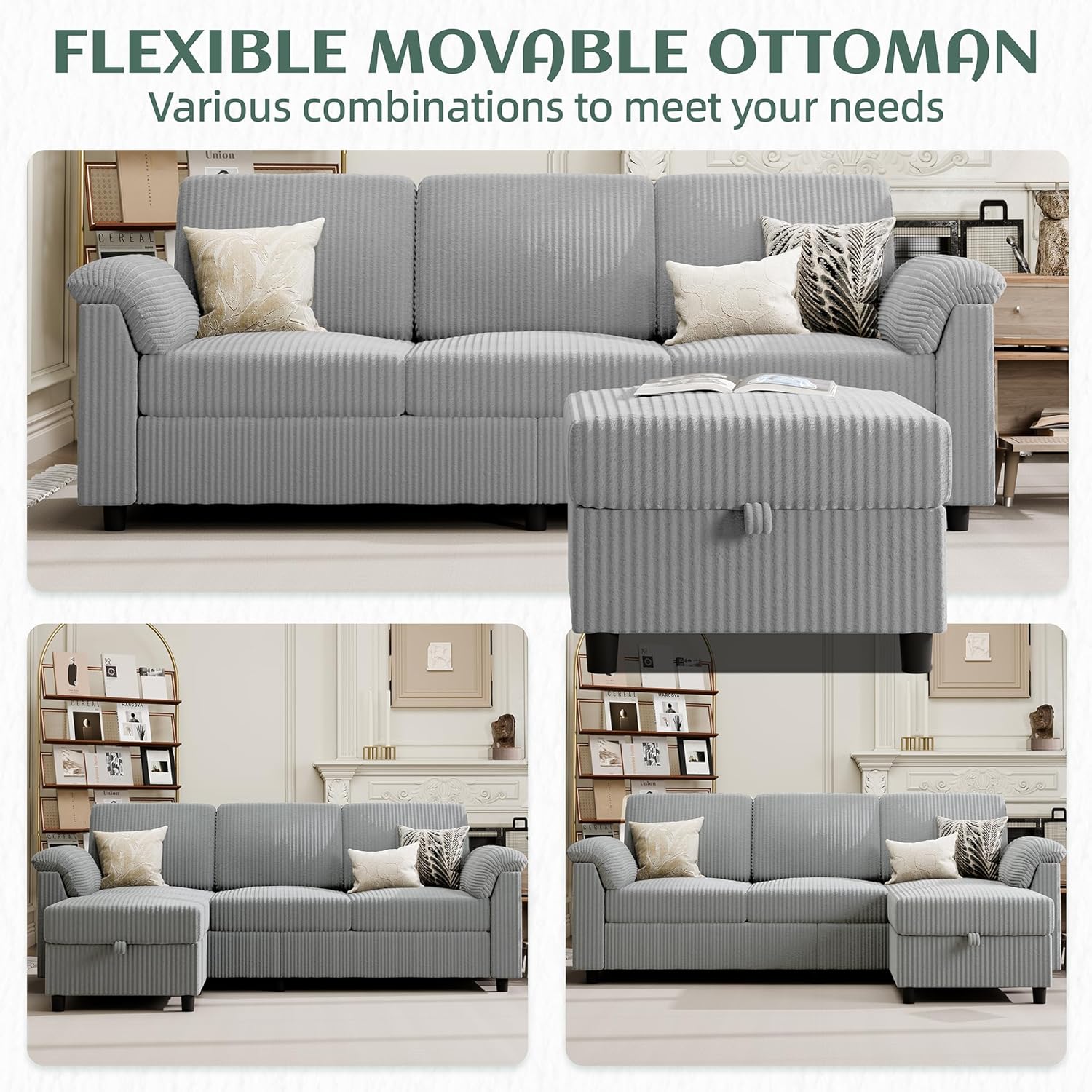 Vongrasig Convertible Sectional Couches Sofa, 3 Seat L Shaped Sofa with Removable Pillows Soft Corduroy Fabric Small Couch Mid Century for Living Room, Bed Room, Apartment and Office (Light Grey)
