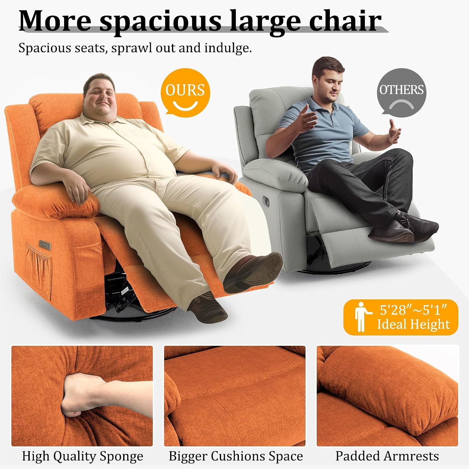 Korser Power Recliner Chair, Electric Rocker Recliner with Massage and Heat, 270° Swivel Glider, Oversized Wide Seat with USB Port, Cashmere Nursery Chair for Living Room, Orange