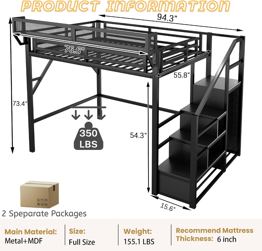 Mirightone Full Size Loft Bed with Stairs, Metal Loft Beds, High Loft Bed Frame with Storage Shelves, Lofted Full Bed with Wardrobe for Kids and Teens, No Box Spring Needed (Black)