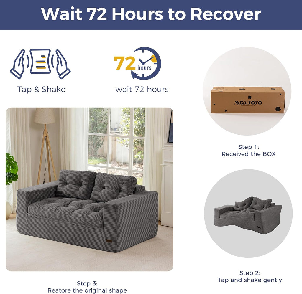MAXYOYO 63' Loveseat Sofa Couch for Small Spaces, Upholstered Boneless Cloud Couch for Apartment Bedroom, 2-Seater Love Seat Floor Modern Sofa with Pillows, No Assembly Required, Dark Grey
