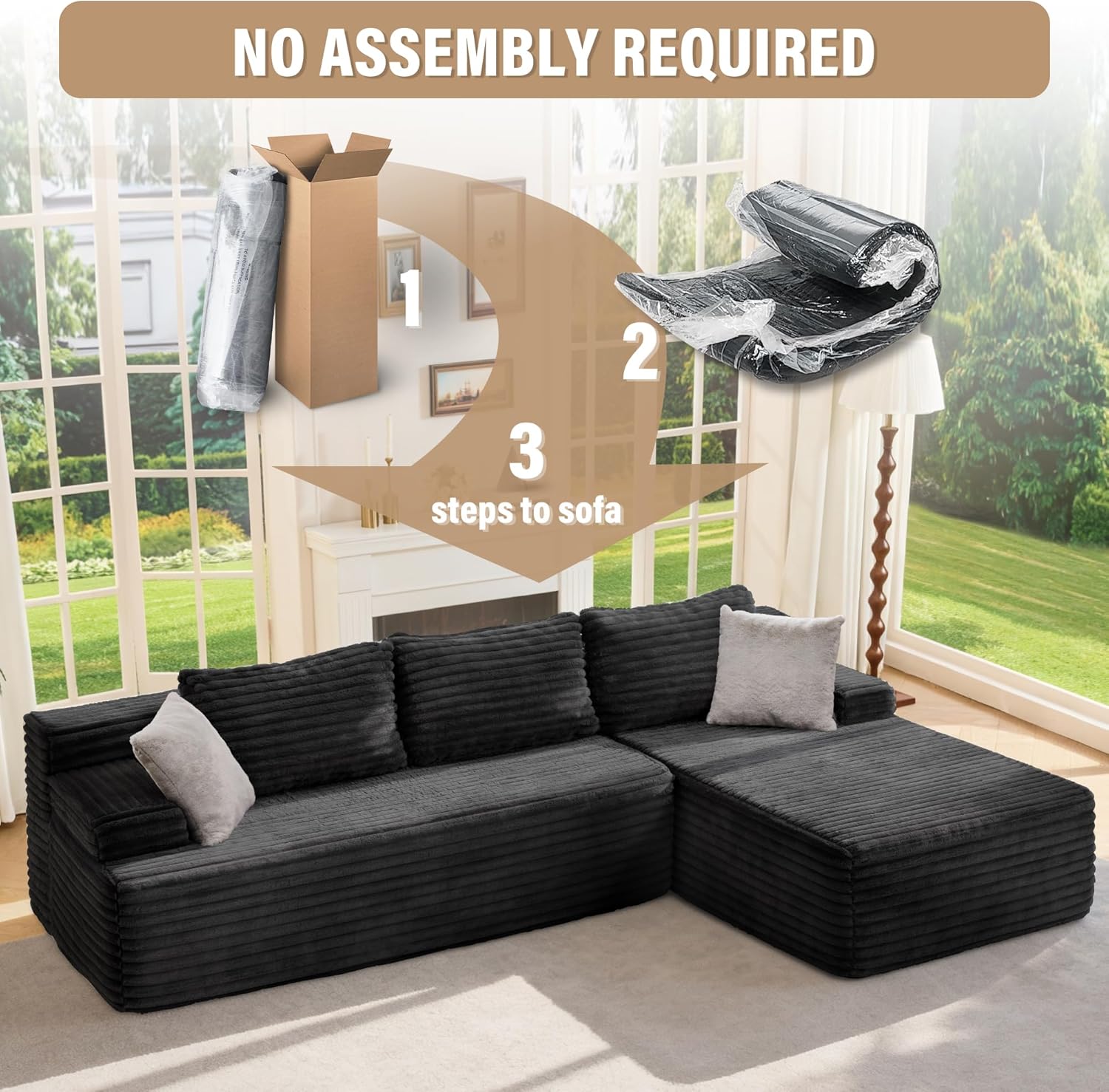 Hobestluk Modular Sectional Sofa Couches L-Shape Couch 3 Seat Modular Sofa Memory Foam Sectional Couches for Living Room, Cloud Couch with Oversized Chaise (96' Right Facing Chaise)