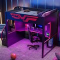 Merax Full Szie Gaming Loft Bed with Desk and Storage Staircase,LED Lights and USB, Red+Black