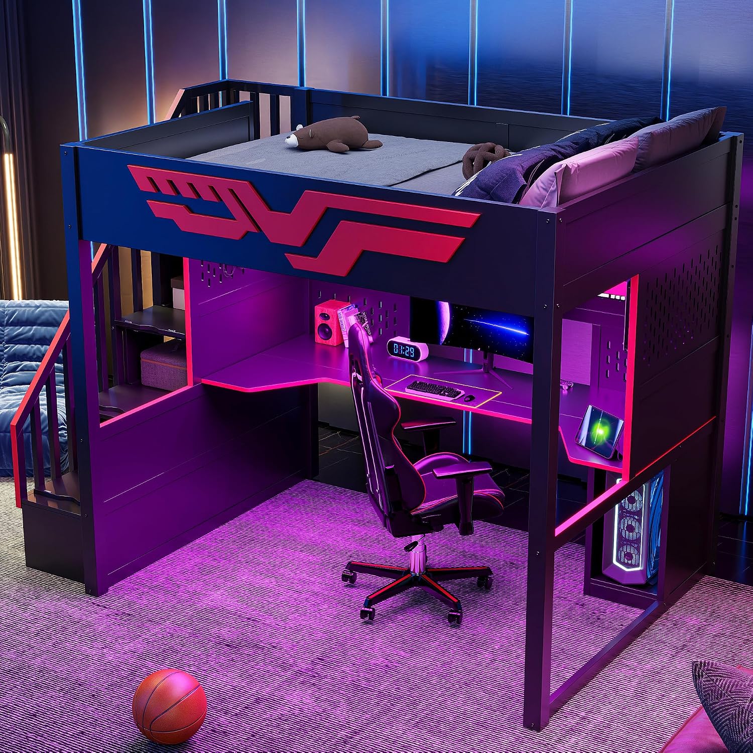 Merax Full Szie Gaming Loft Bed with Desk and Storage Staircase,LED Lights and USB, Red+Black
