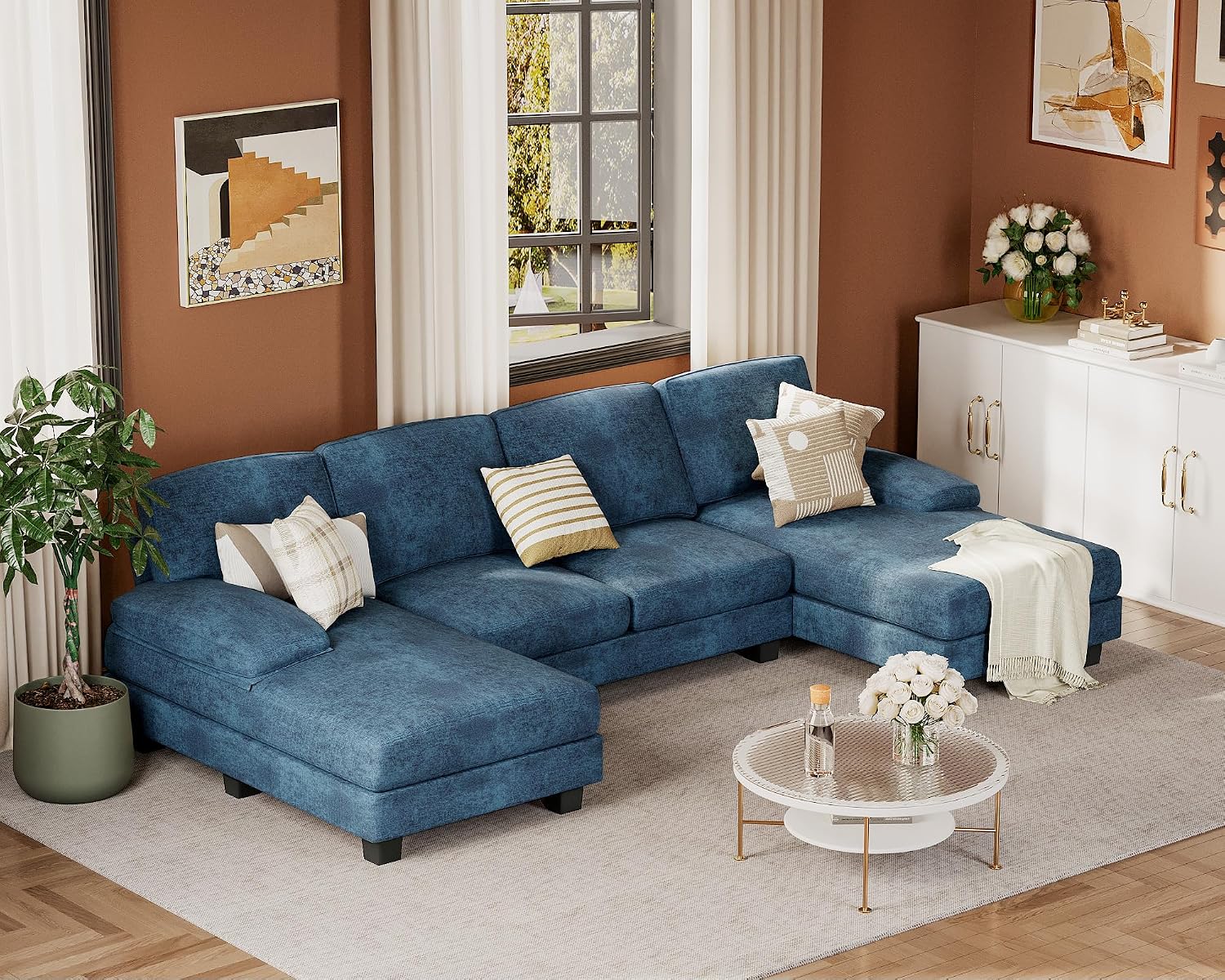 JUMMICO Sectional Couches for Living Room, U Shaped Couch with Chenille Fabric, 4 Seat Modern Sofa with Removable Pillows for Apartment and Small Space (Fabric, Blue)