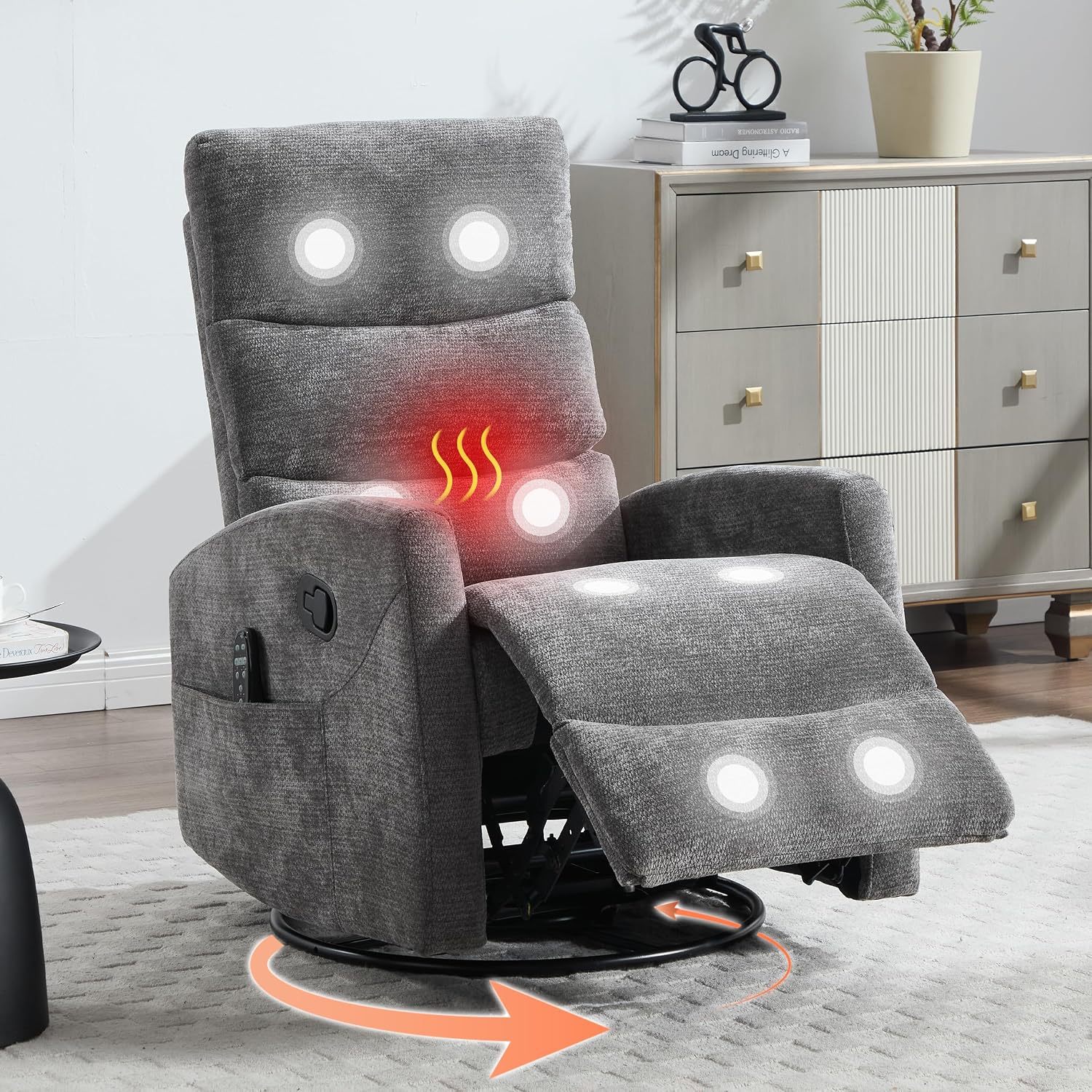 Luxlen Manual Swivel Rocker Recliner Chair with Massage, Overstuffed Recliner Glider with Vibration Massage and Heat for Nursery, Living Room Reclining Sofa Chair, Fabric Dark Gray
