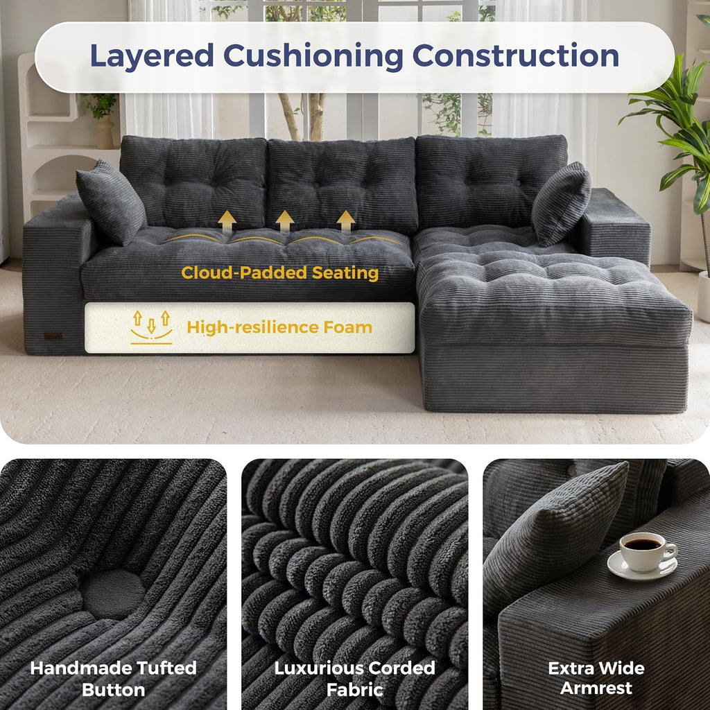 MAXYOYO 104' L Shaped Modular Sectional Sofa with Ottoman, Cloud Boneless Couch with Layered Cushion, Upholstered Sofa Flexible Module Combination for Living Room, No Assembly, Dark Grey