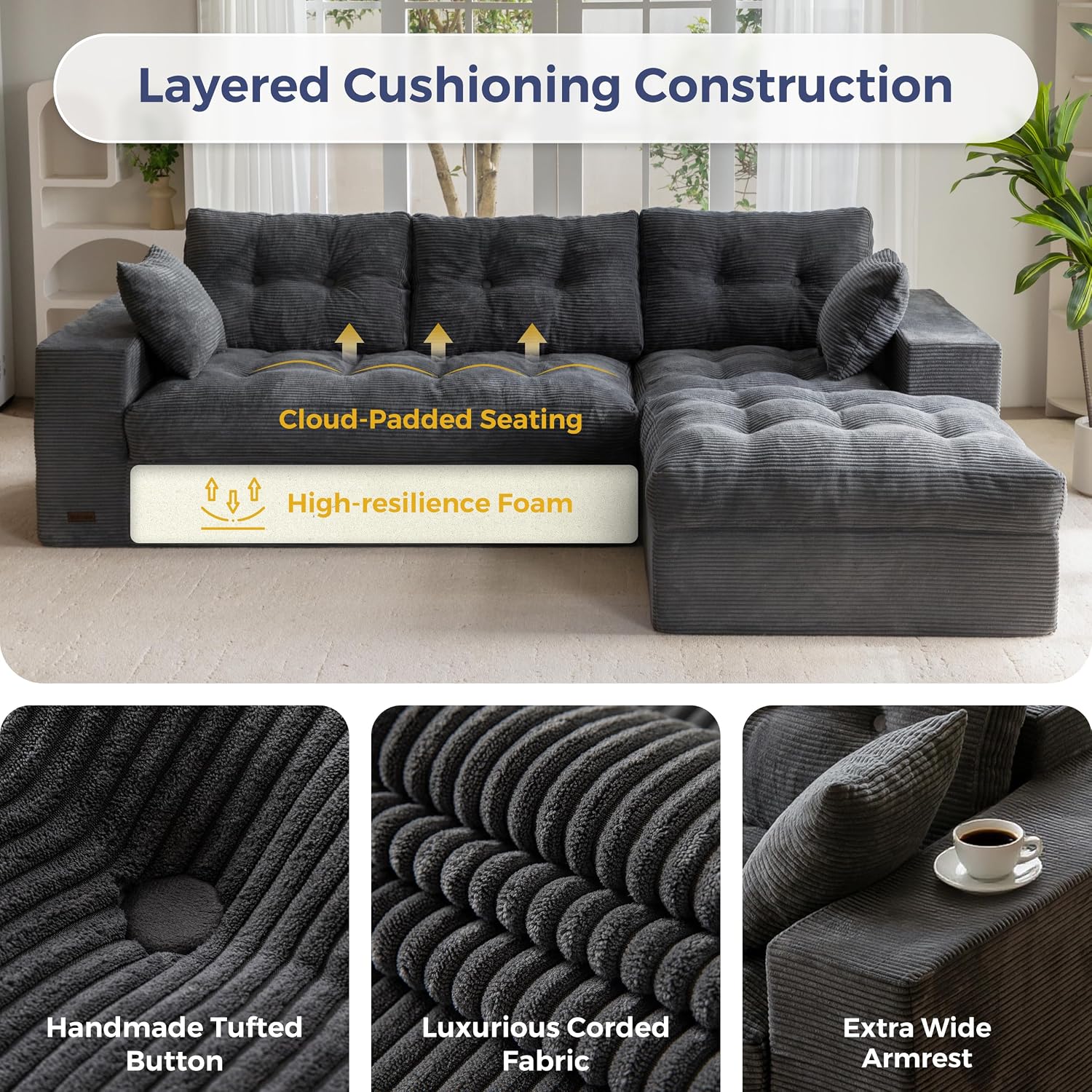 MAXYOYO 104' L Shaped Modular Sectional Sofa with Ottoman, Cloud Boneless Couch with Layered Cushion, Upholstered Sofa Flexible Module Combination for Living Room, No Assembly, Dark Grey