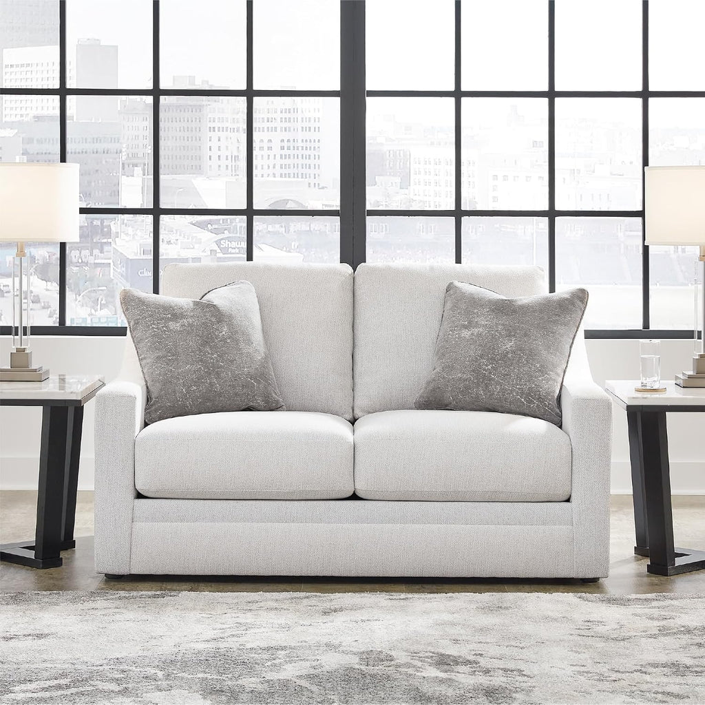 Signature Design by Ashley Maitelynn Contemporary Loveseat with Accent Pillows, Reversible Cushions and Sloped Arms, Light Gray