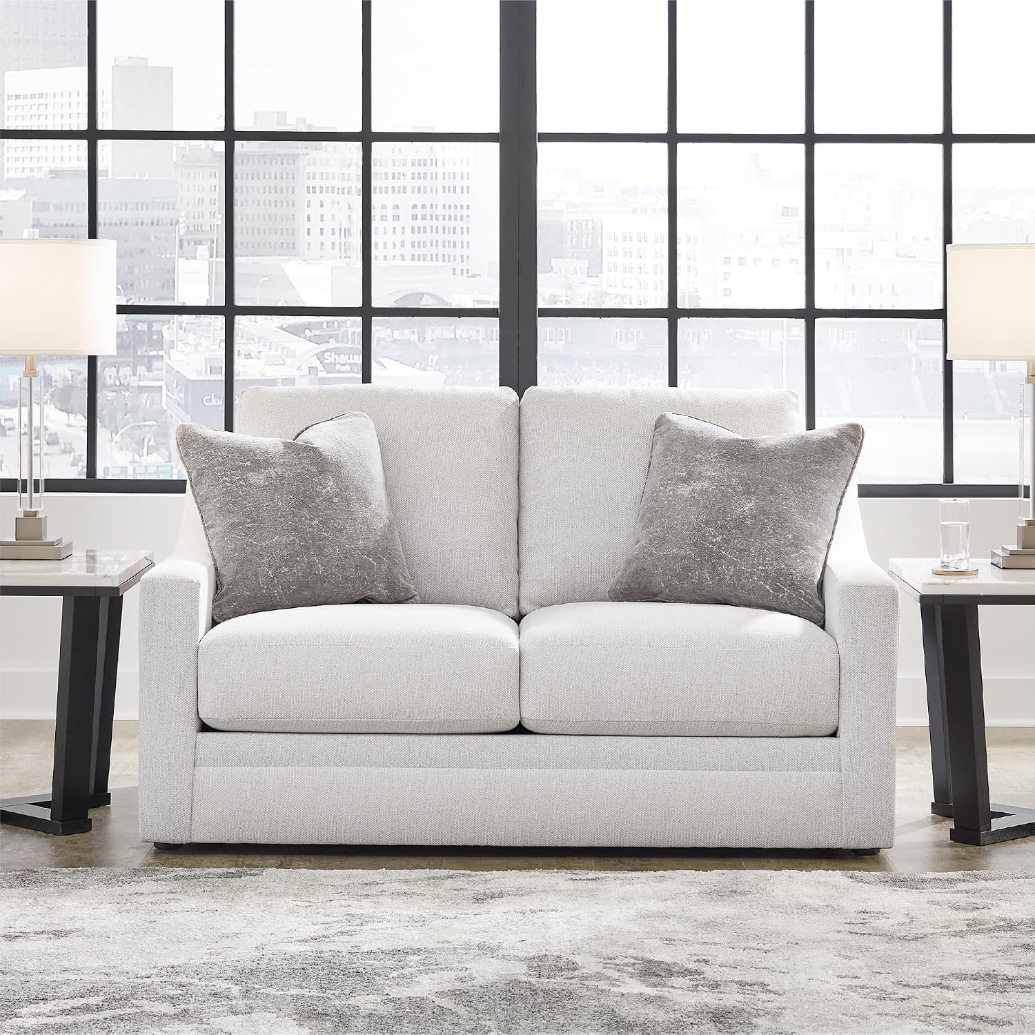 Signature Design by Ashley Maitelynn Contemporary Loveseat with Accent Pillows, Reversible Cushions and Sloped Arms, Light Gray