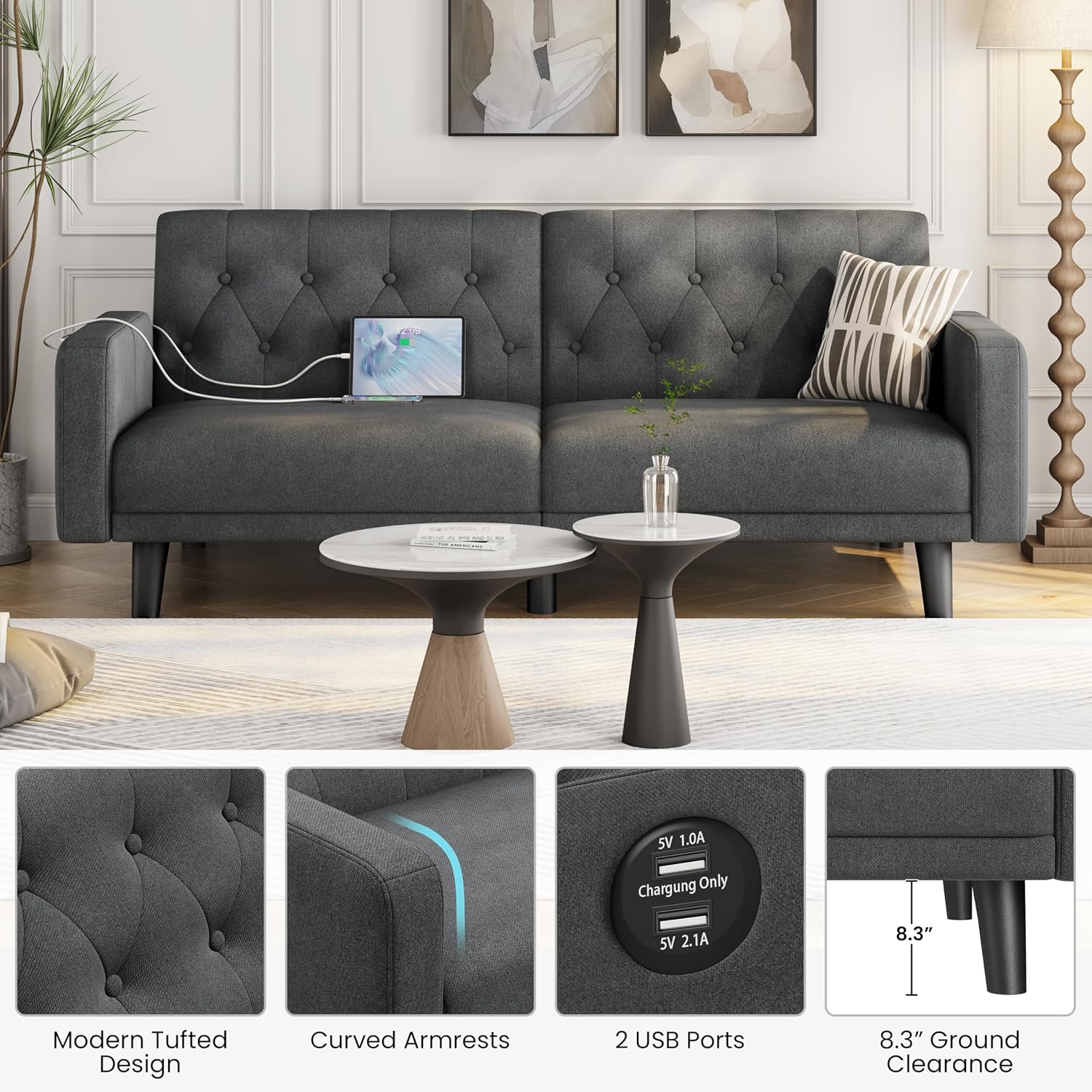 Yaheetech 63' Convertible Couch Small Futon Sofa Bed with 2 USB Ports, Reclining Backrest & Removable Armrests, Mid Century Modern Loveseat for Living Room, Apartment, Office, Dark Gray