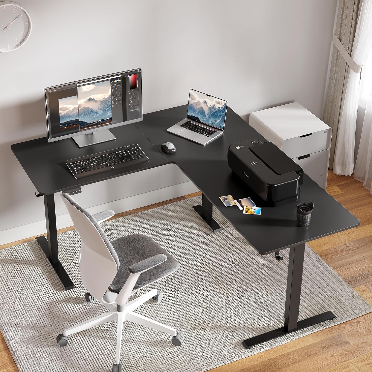 FEZIBO 63' x 55'L Shaped Standing Desk Adjustable Height, 63 Inch Electric Stand up Corner Computer Desk, Sit Stand Home Office Desk with Splice Board, Black