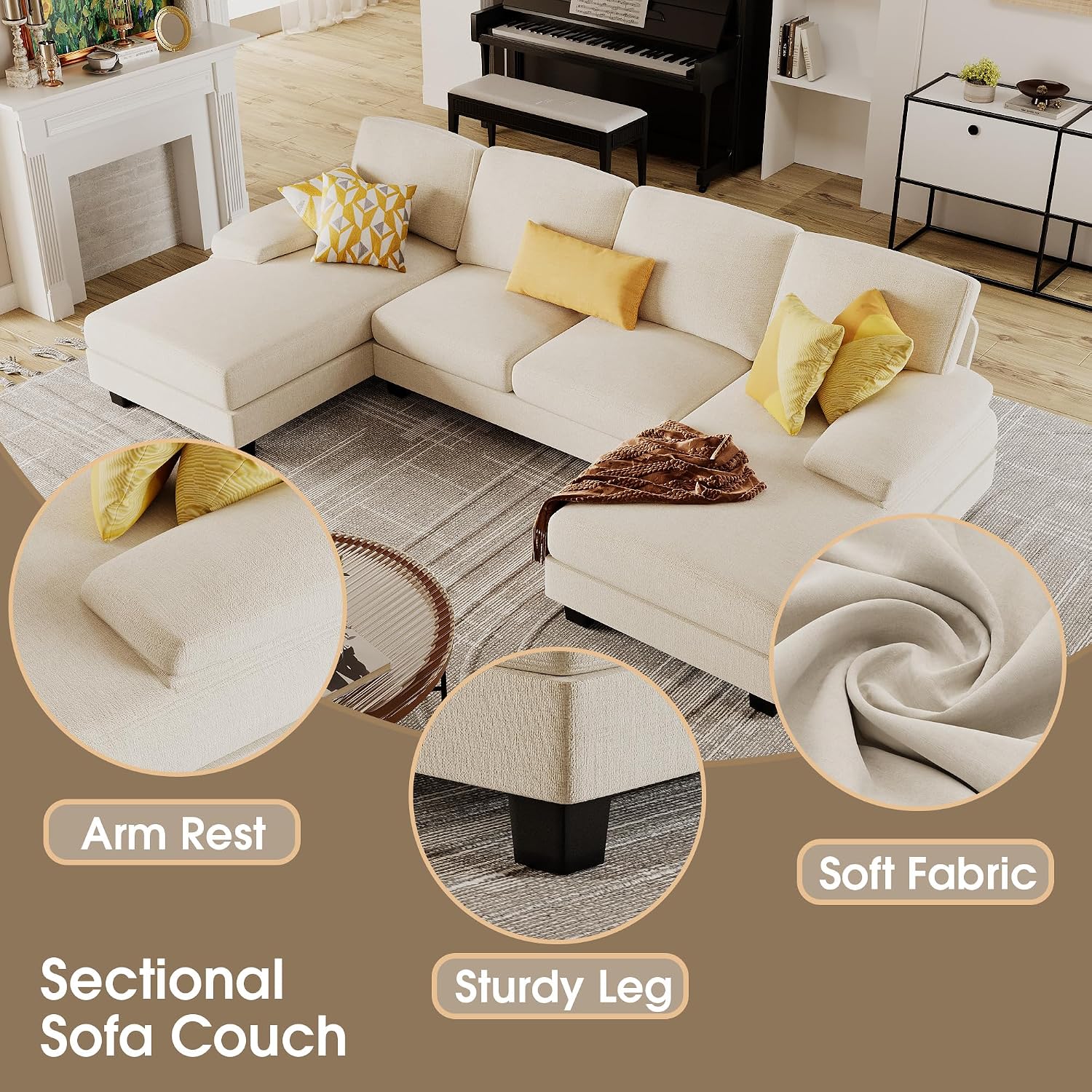 Furmax Sectional Couches for Living Room, U-Shaped Sofa Couch with Linen Fabric, 4 Seat Sofa Set with Double Chaise for Apartment (Fabric, White)