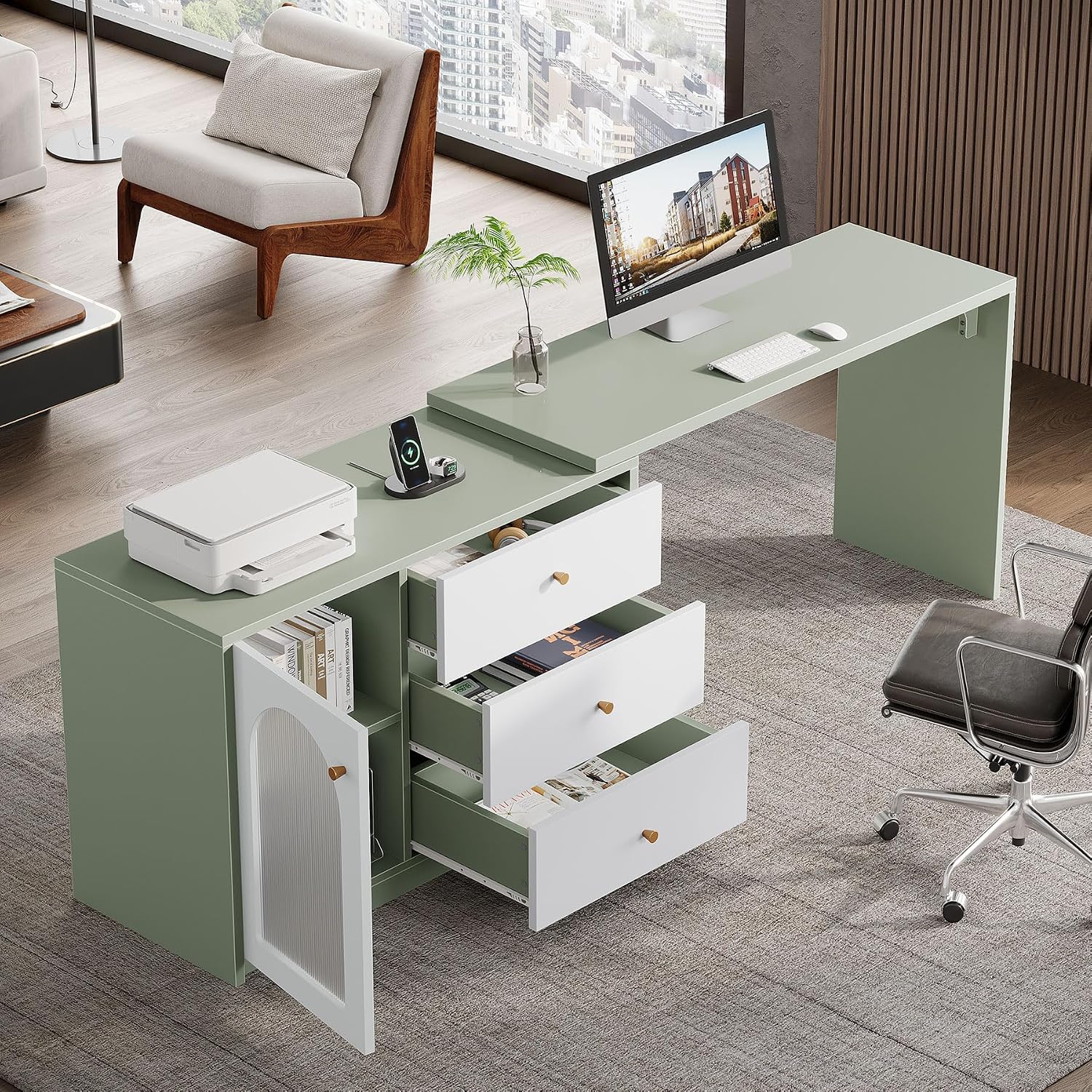 Tribesigns L-Shaped Computer Desk with Drawers, Modern Corner Home Office Desk with Reversible Storage Cabinet, Long Study Writing Desk Workstation for Home Office, Cyan & White