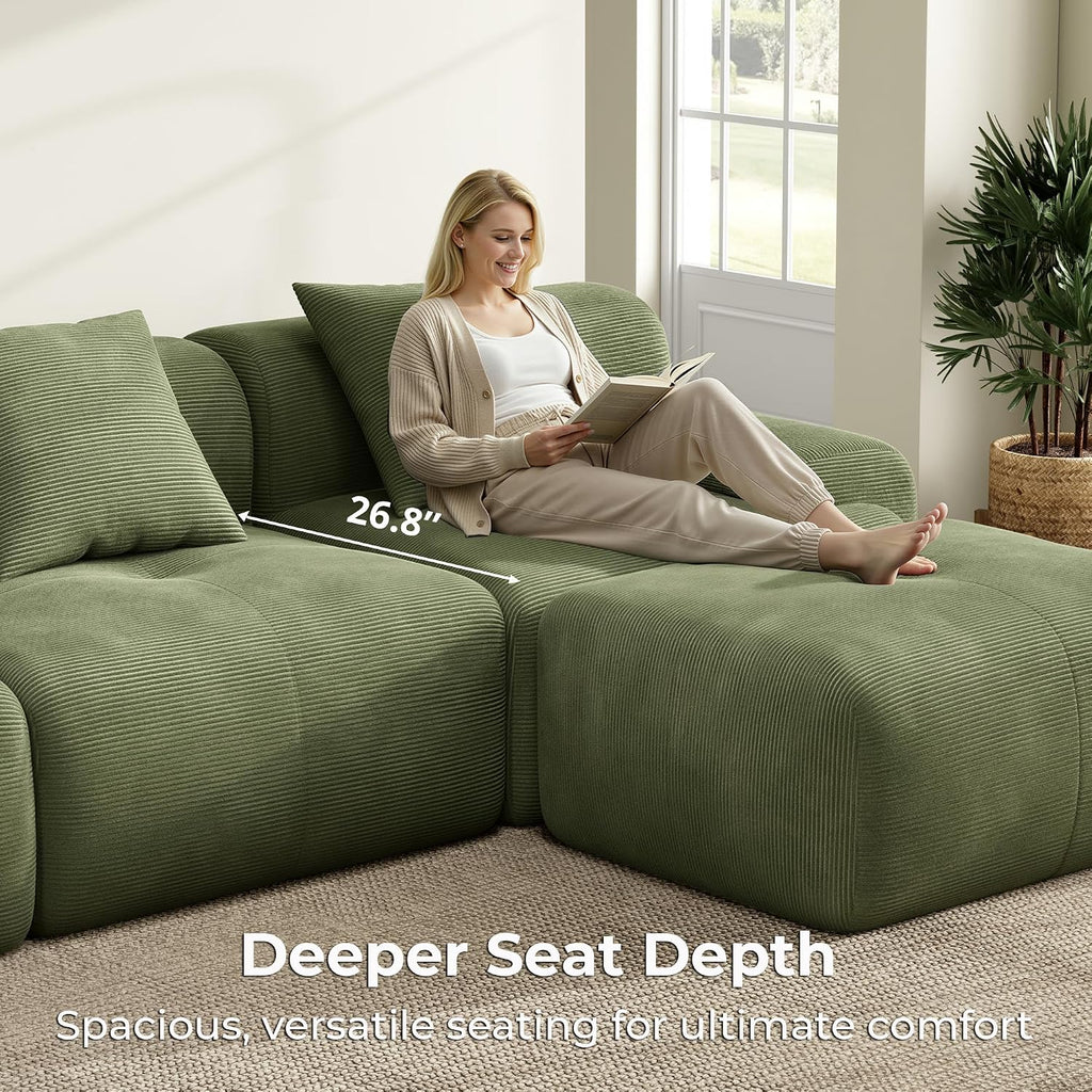 LIKIMIO LumiCord Modular Sectional Sofa with Ottoman, 118' L-Shaped Boneless Couch for Living Room, Oversized Deep Seat with Corduroy Upholstery, No Assembly Required, Olive Green