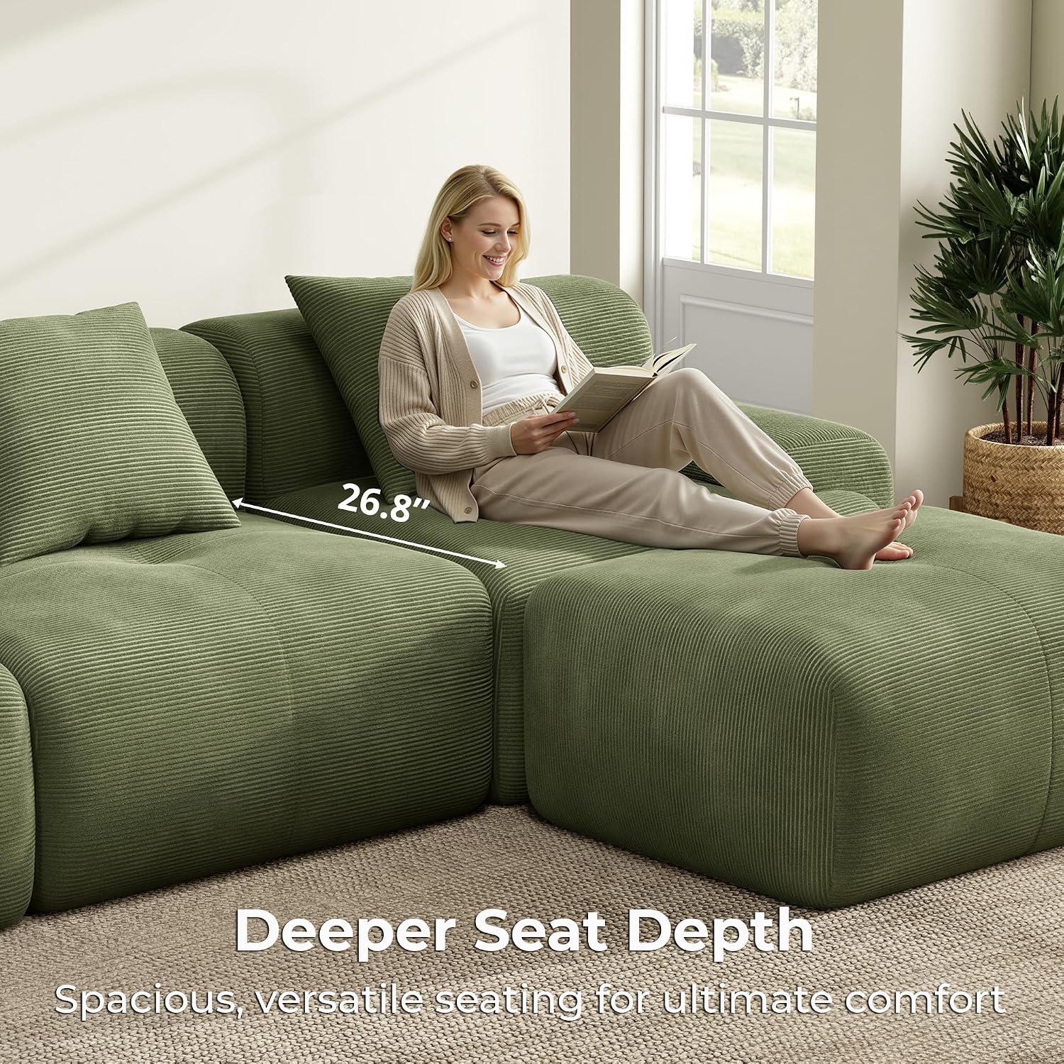 LIKIMIO LumiCord Modular Sectional Sofa with Ottoman, 118' L-Shaped Boneless Couch for Living Room, Oversized Deep Seat with Corduroy Upholstery, No Assembly Required, Olive Green
