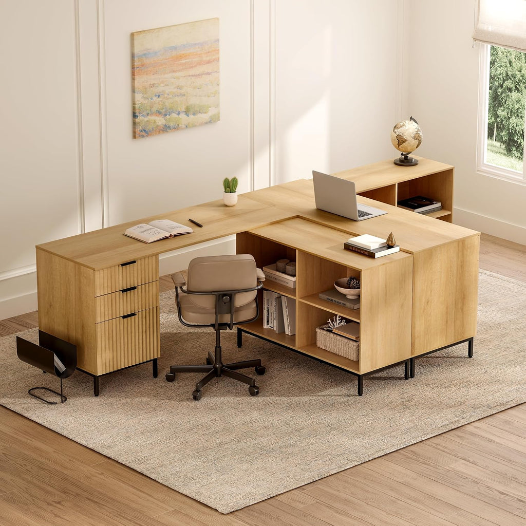 60' L Shaped Fluted Desk, Computer Desk with Movable Storage Cabinet Home Office Desk with 3 Drawers Metal Legs Corner Desk for Gaming Study, Natural Oak