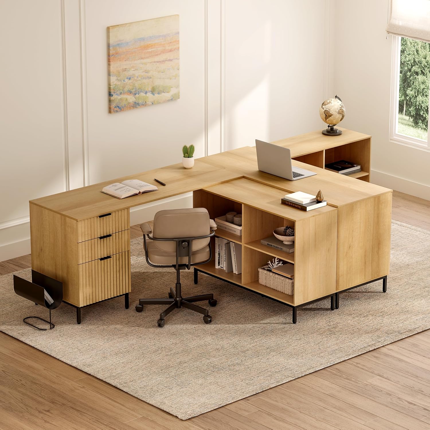 60' L Shaped Fluted Desk, Computer Desk with Movable Storage Cabinet Home Office Desk with 3 Drawers Metal Legs Corner Desk for Gaming Study, Natural Oak