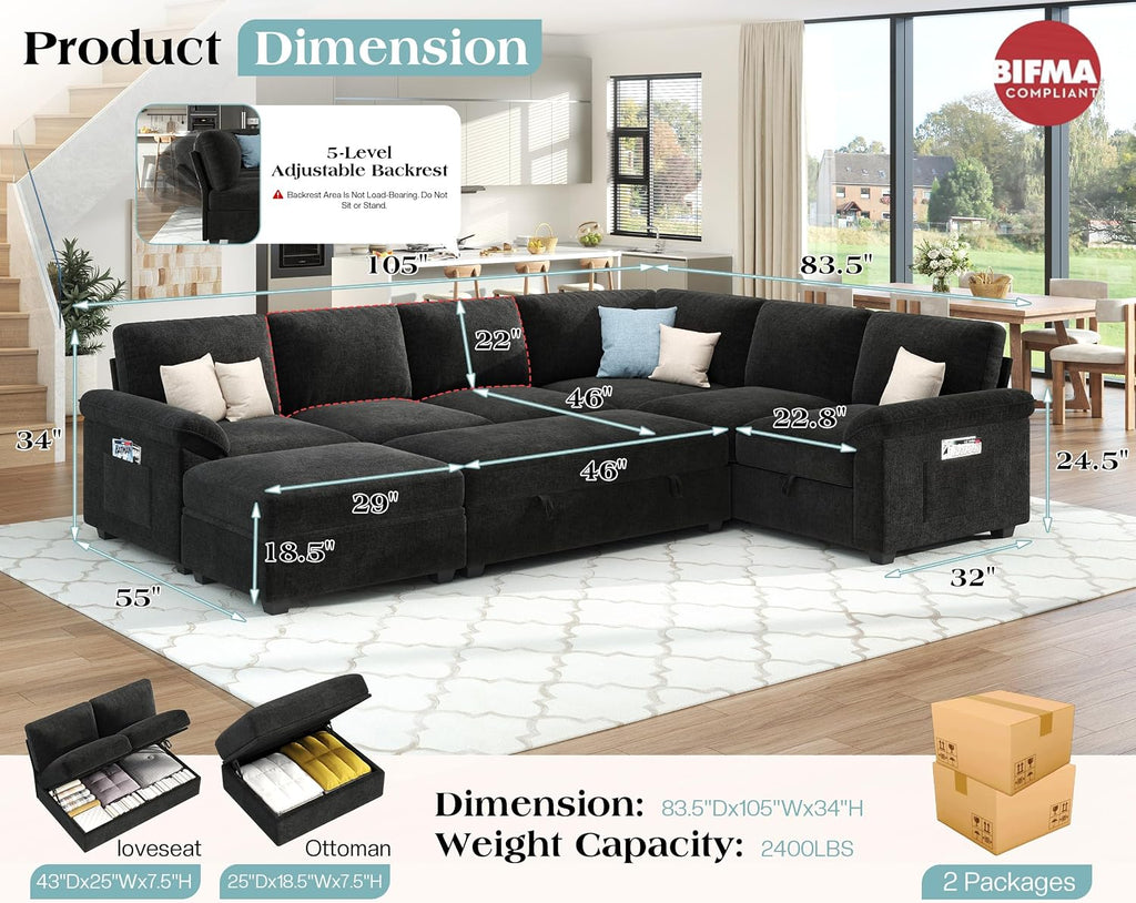 VanAcc 105' Sofa Bed, Sectional Sleeper Sofa with Pull Out Bed/Reclining Backrest, 6 Seater Couches for Living Room, Sleeper Couch Bed with Storage, Chenille Black