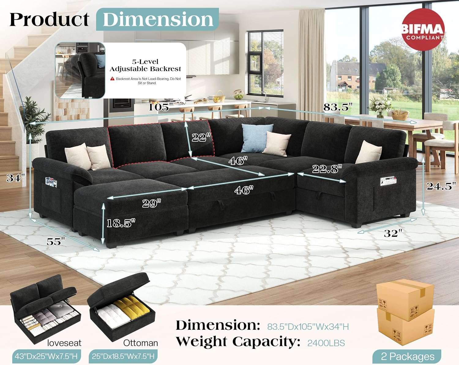 VanAcc 105' Sofa Bed, Sectional Sleeper Sofa with Pull Out Bed/Reclining Backrest, 6 Seater Couches for Living Room, Sleeper Couch Bed with Storage, Chenille Black