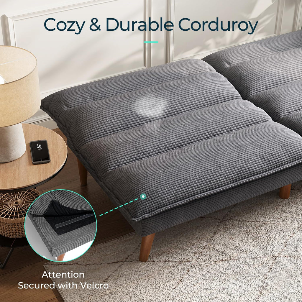 LINSY HOME Futon Sofa Bed - Convertible Corduroy Futon Couch Bed with Adjustable Backrest, Modern Small Loveseat Sleeper Sofa for Small Spaces, Living Room, Apartment or Office (Grey)