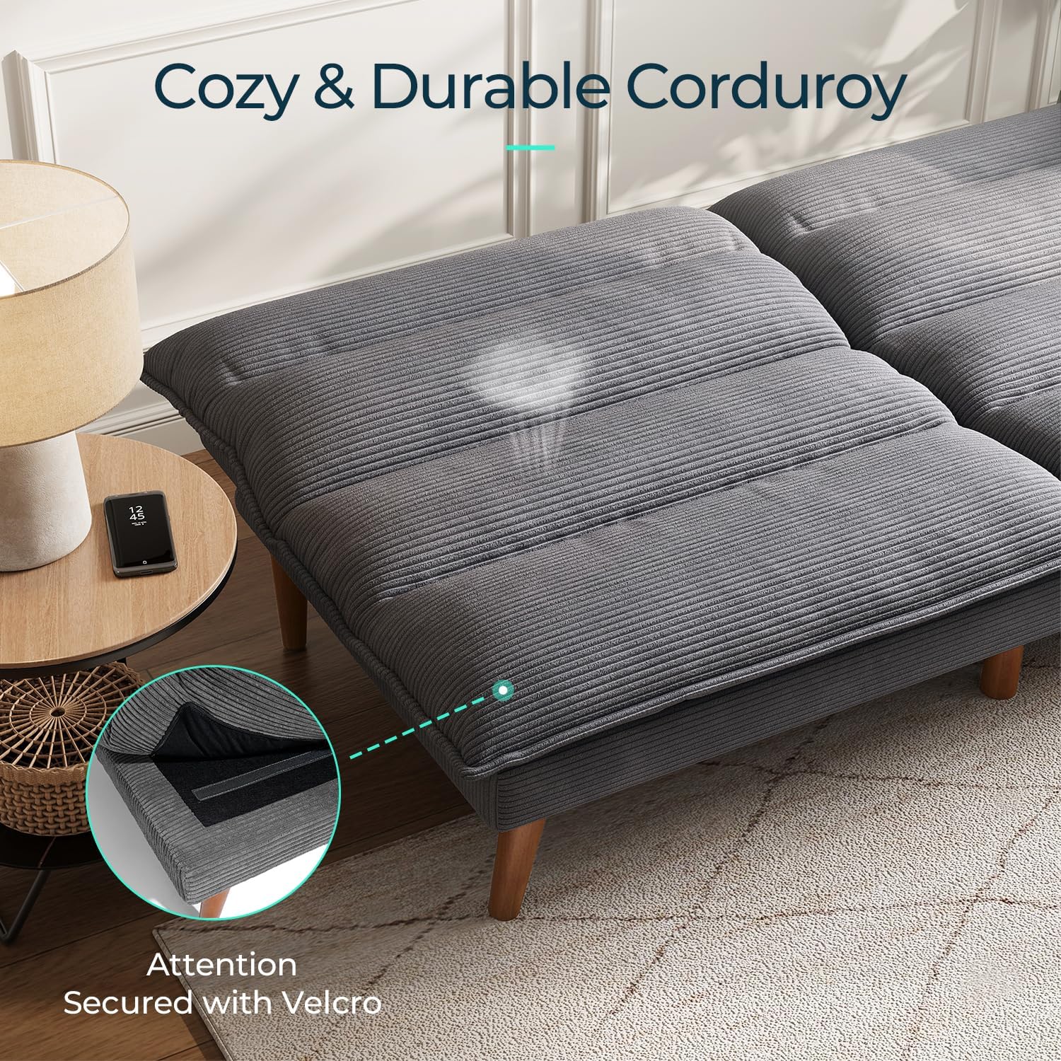 LINSY HOME Futon Sofa Bed - Convertible Corduroy Futon Couch Bed with Adjustable Backrest, Modern Small Loveseat Sleeper Sofa for Small Spaces, Living Room, Apartment or Office (Grey)