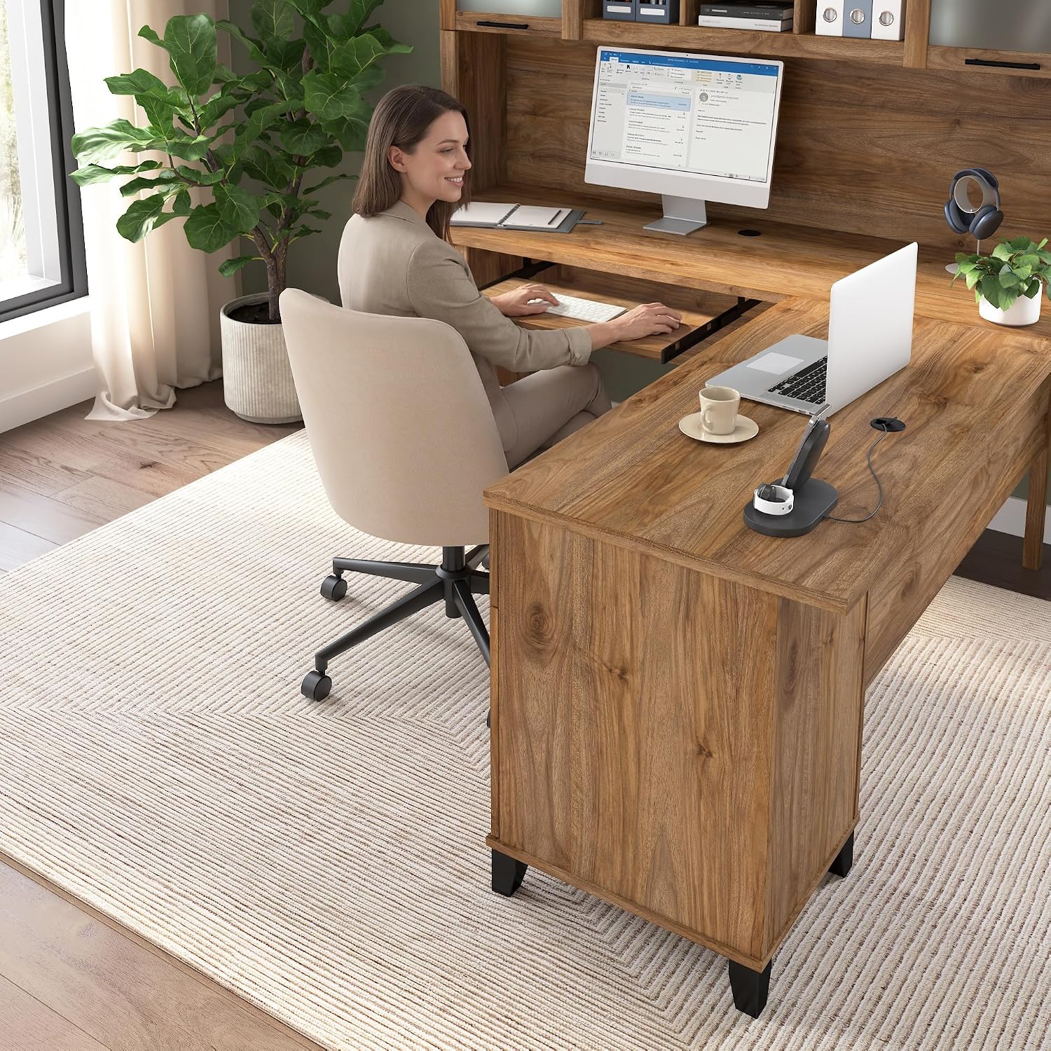 Bush Furniture Somerset L Shaped Desk with Hutch in Fresh Walnut | Corner Computer Table with Drawers, Cabinets and Pullout Keyboard/Laptop Tray for Home Office