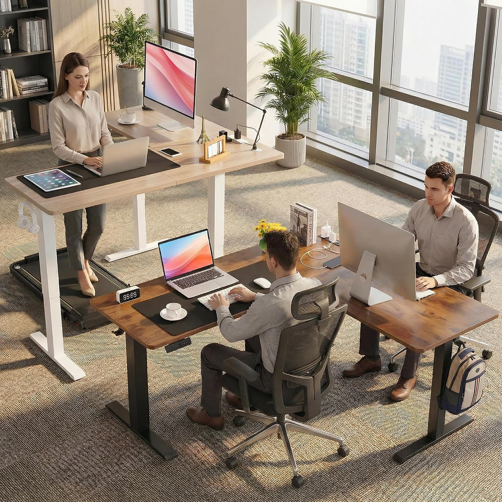 63' L Shaped Standing Desk with Charging Station,Supports Left and Right Swapping,Electric Height Adjustable Corner Stand Up Desk.Free Hook, Lockable Wheels,Mouse Pad,Oak