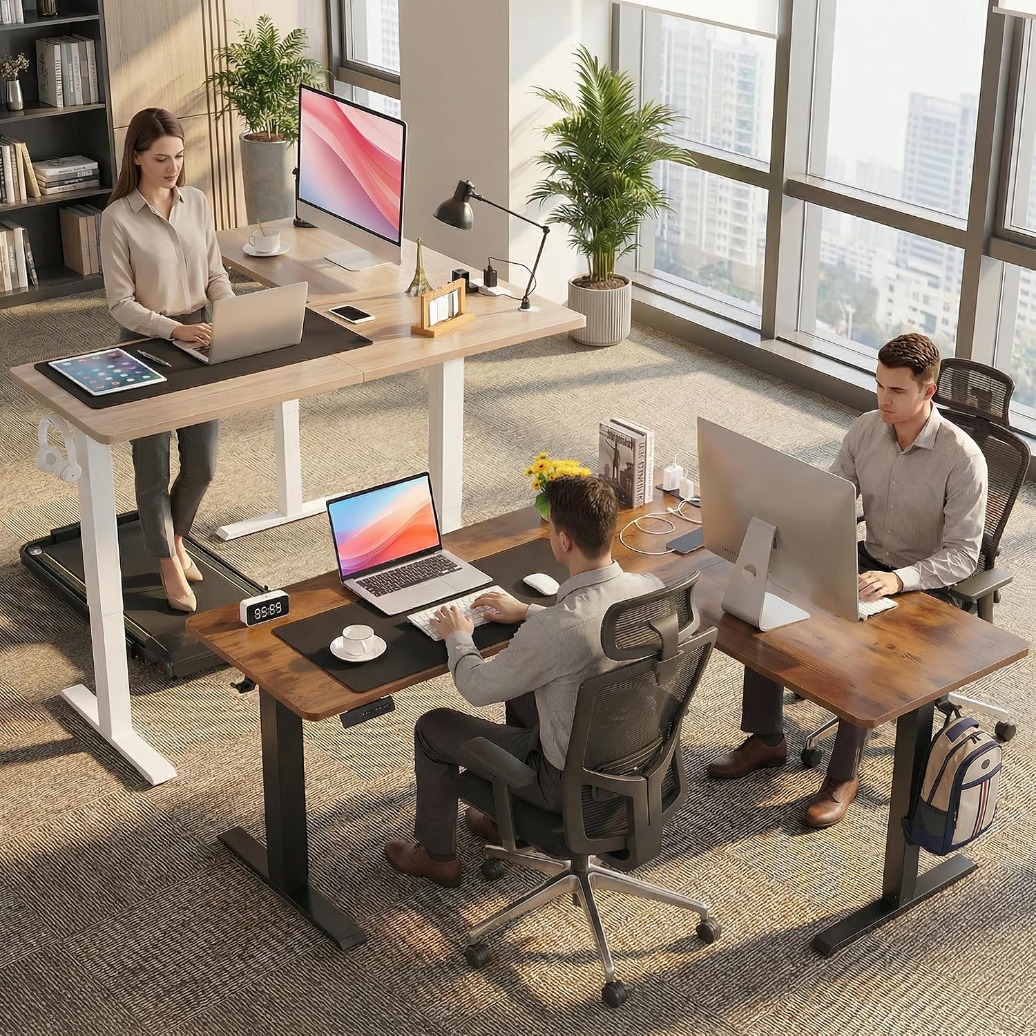 63' L Shaped Standing Desk with Charging Station,Supports Left and Right Swapping,Electric Height Adjustable Corner Stand Up Desk.Free Hook, Lockable Wheels,Mouse Pad,Oak