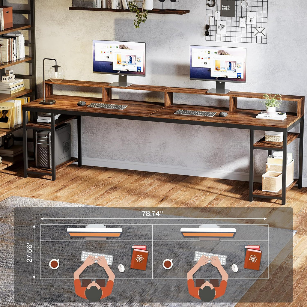 Tribesigns 78.74 Inches Extra Long Two-Person Desk, Double Computer Desk with Monitor Stand and Storage Shelves, Study Work Table for Home Office (Rustic Brown)