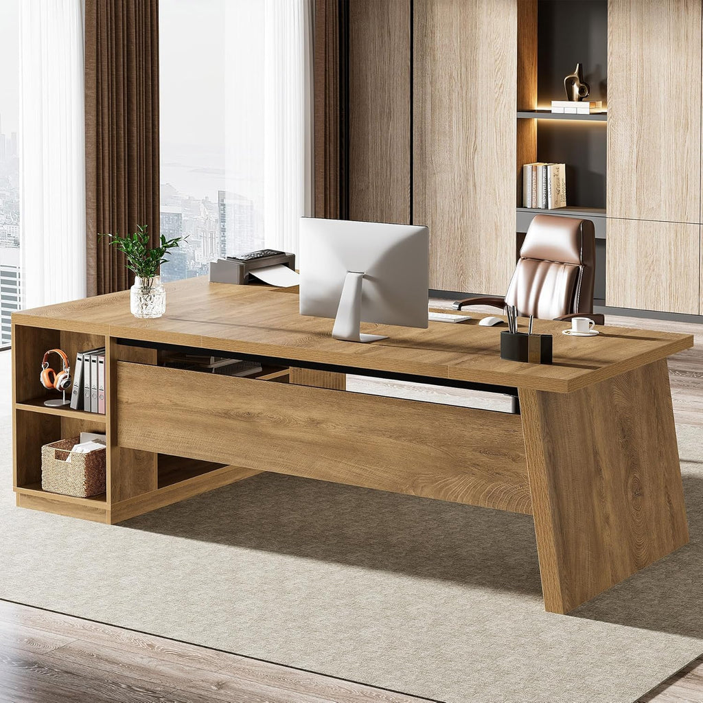 Tribesigns 78' L Shaped Desk with Drawers, Large Executive Office Desk with File Cabinet and Shelves, Modern Corner Computer Table Business Furniture for Home Office, Brown