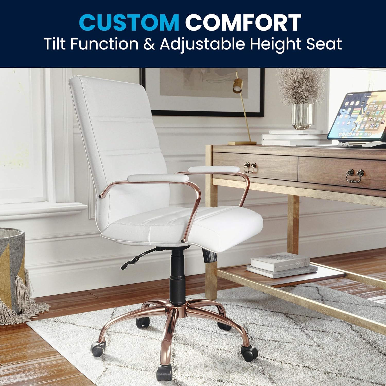 Flash Furniture Whitney Mid-Back Swivel LeatherSoft Desk Chair with Padded Seat and Armrests, Adjustable Height Padded LeatherSoft Office Chair, White/Rose Gold
