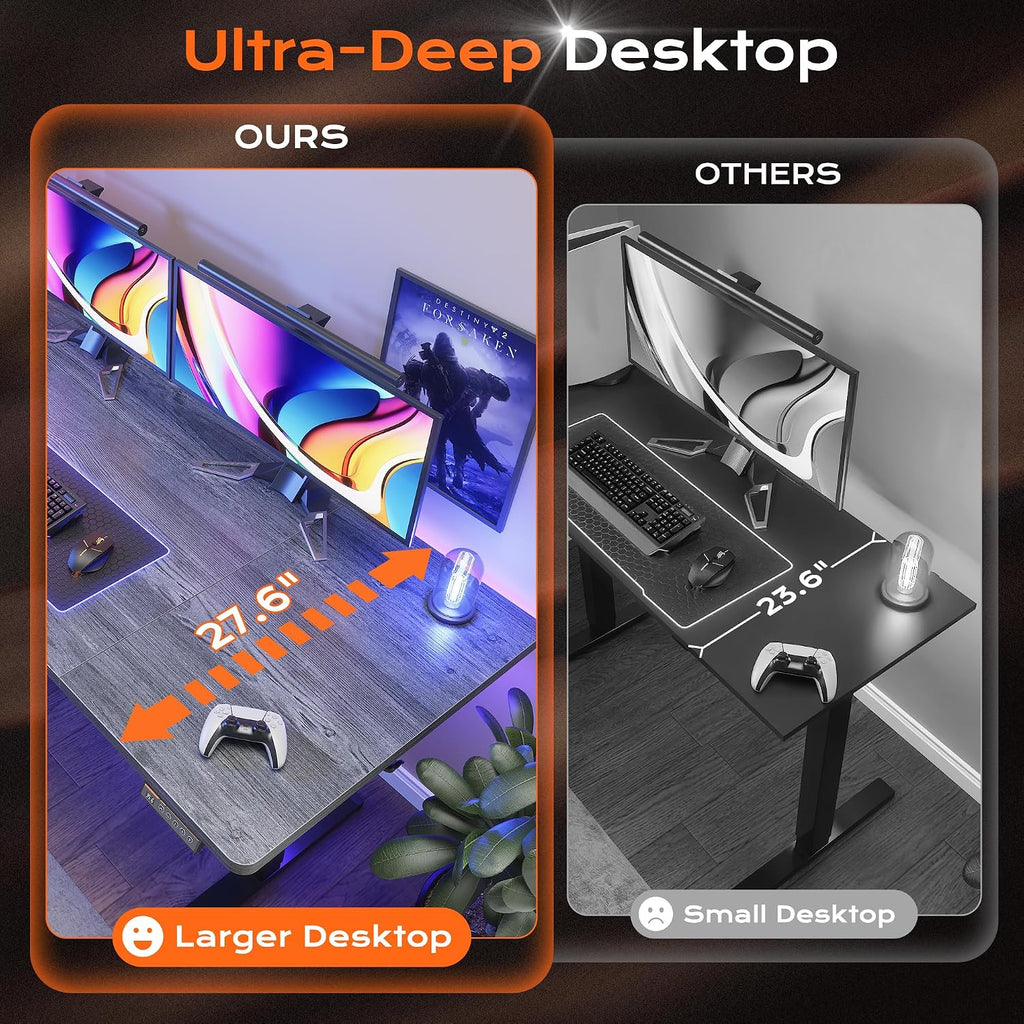 Huuger 63 x 28 Large Electric Standing Desk, Height Adjustable Computer Desk, 27.6' Deep Desktop, Stand up Gaming Office Table with 2 Hooks, 3 Preset Heights, for Home Office, Grey