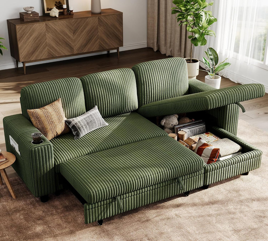 LINSY HOME Sectional Sleeper Sofa with Pull Out Couch Bed Convertible Plush Corduroy Cloud Couch with Storage Chaise & USB Charging, Comfy L Shaped Modular Couches for Living Room Apartment (Green)