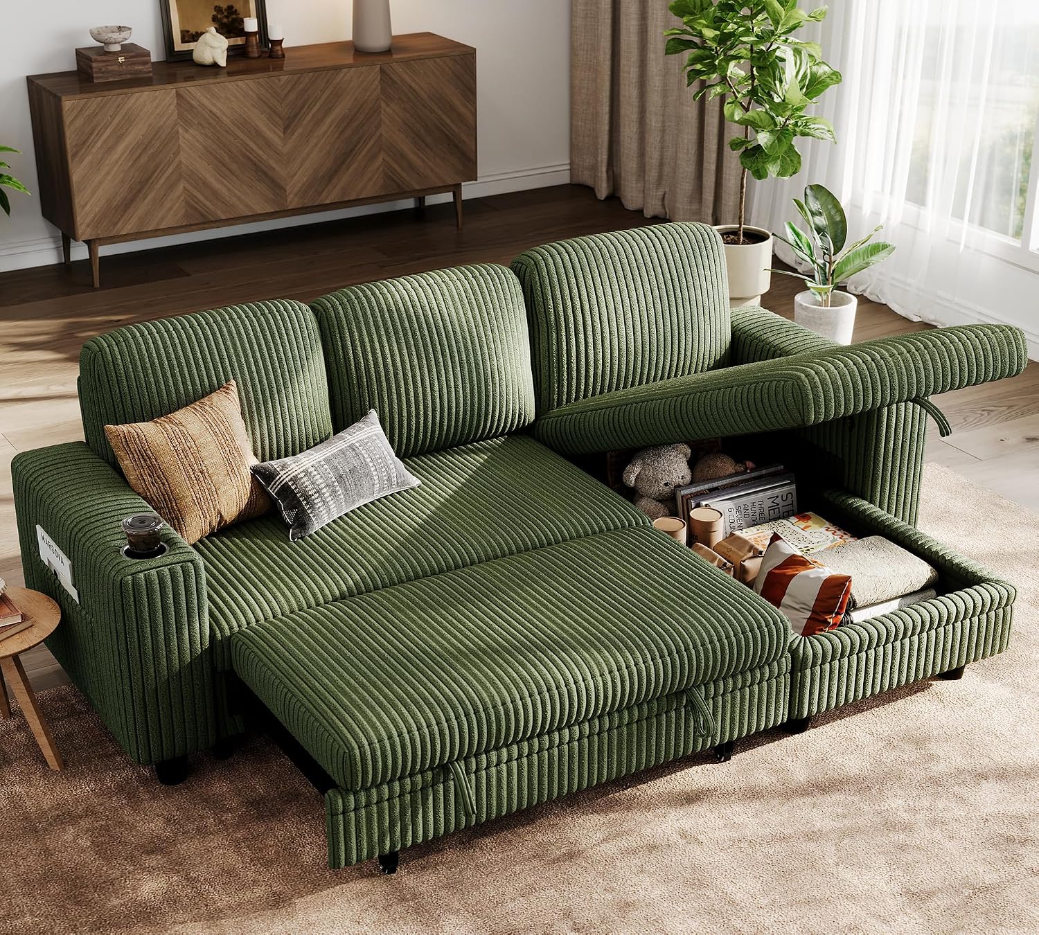 LINSY HOME Sectional Sleeper Sofa with Pull Out Couch Bed Convertible Plush Corduroy Cloud Couch with Storage Chaise & USB Charging, Comfy L Shaped Modular Couches for Living Room Apartment (Green)