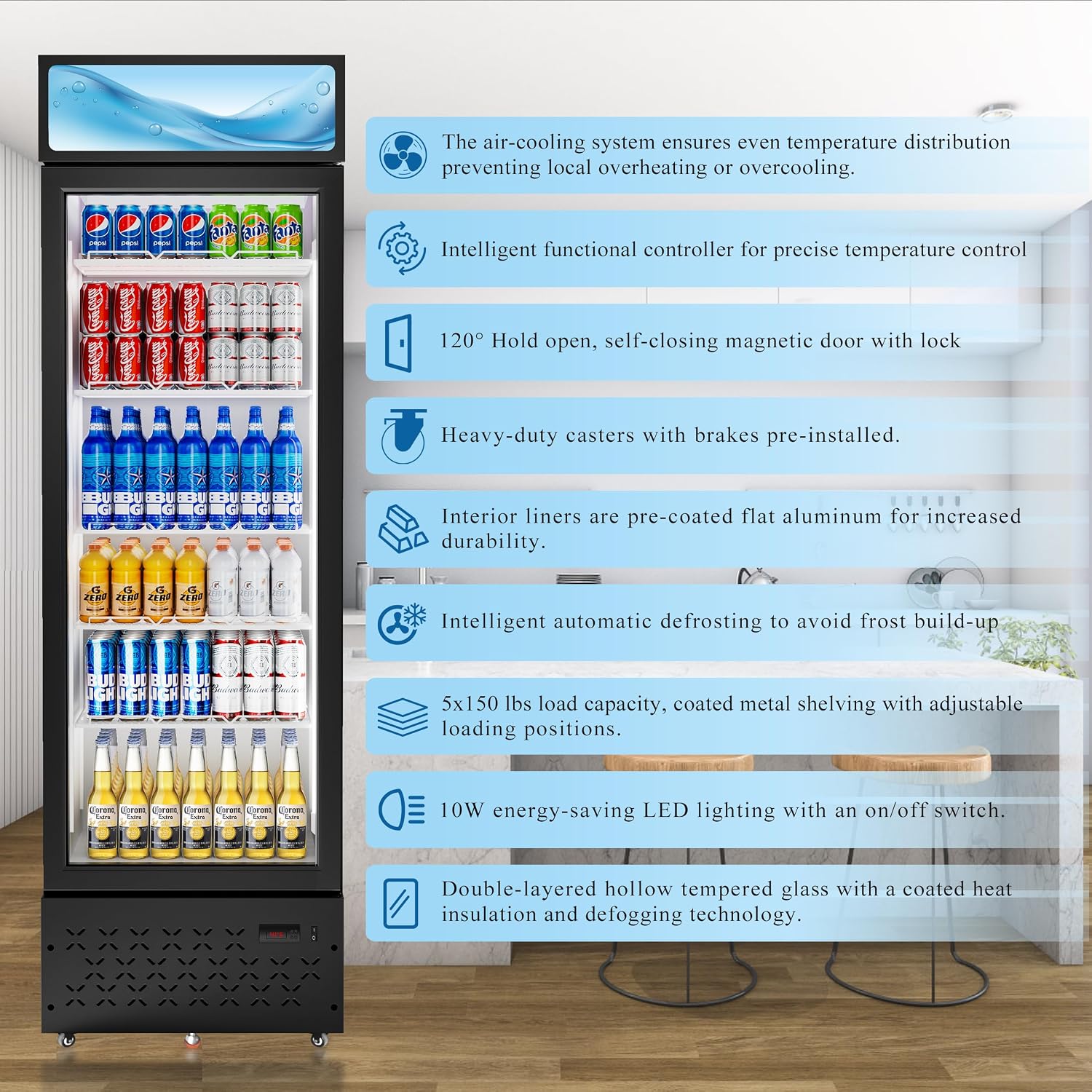 Beverage Cooler Commercial Refrigerator 10 Cu.Ft. Glass Door Display Refrigerator with LED Light, 5 Shelves, Display Commercial Beverage Refrigeratorfor Restaurant Cafe Bar Store (10 Cu.Ft.)